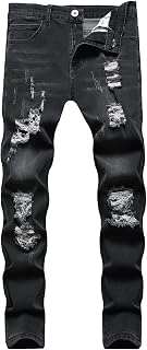 OULIWANGLUO Men's Ripped Mid-Waist Slim Jeans Casual Tight Feet Pants Cotton Micro-Elastic Denim Trousers