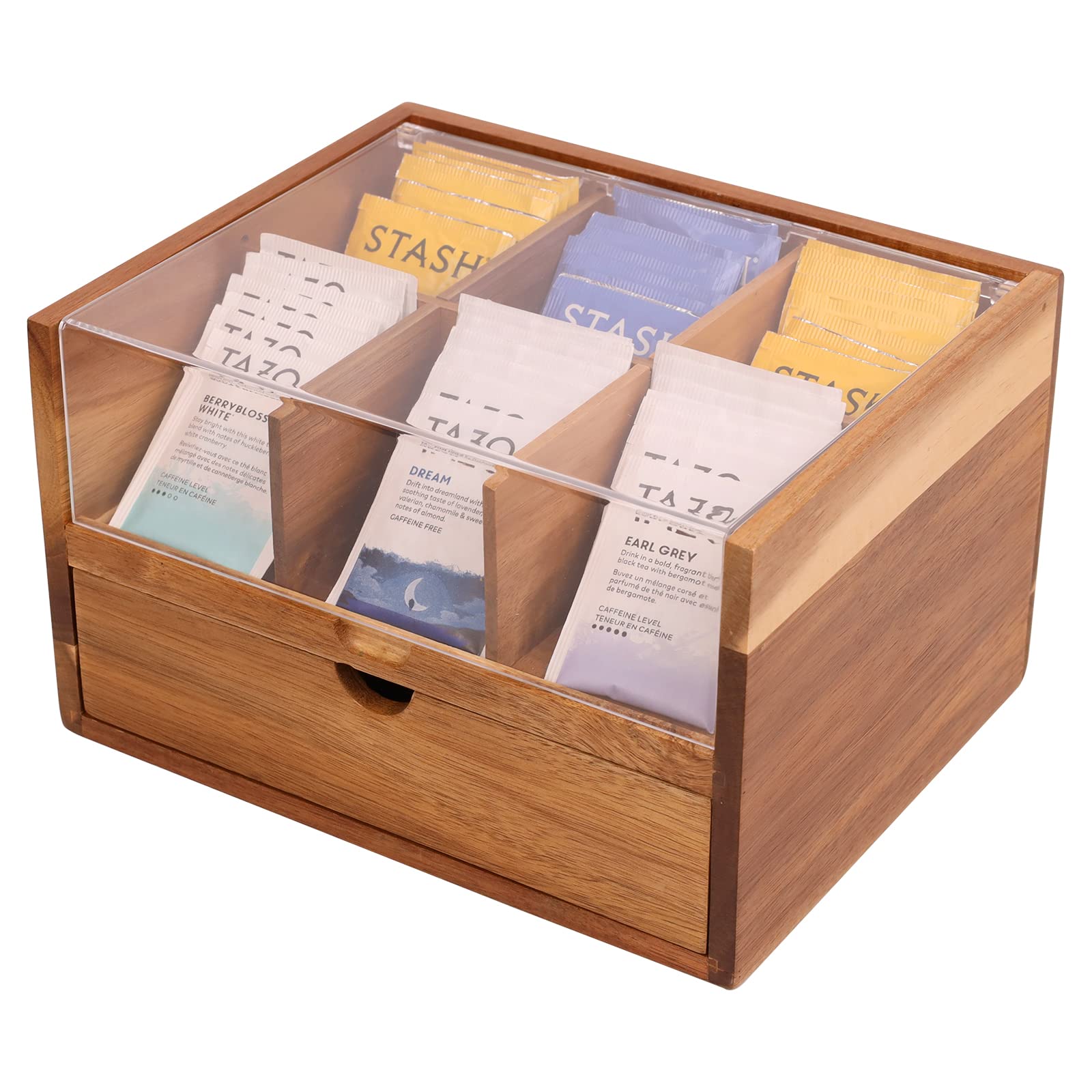 Large Tea Organizer 2 Tier with Drawer by HTB, Tea Bag Organizer with Acrylic Transparent Hinged Lid, 9 Compartments Wooden Tea Bag Holder for Home, Office, Tea Parties