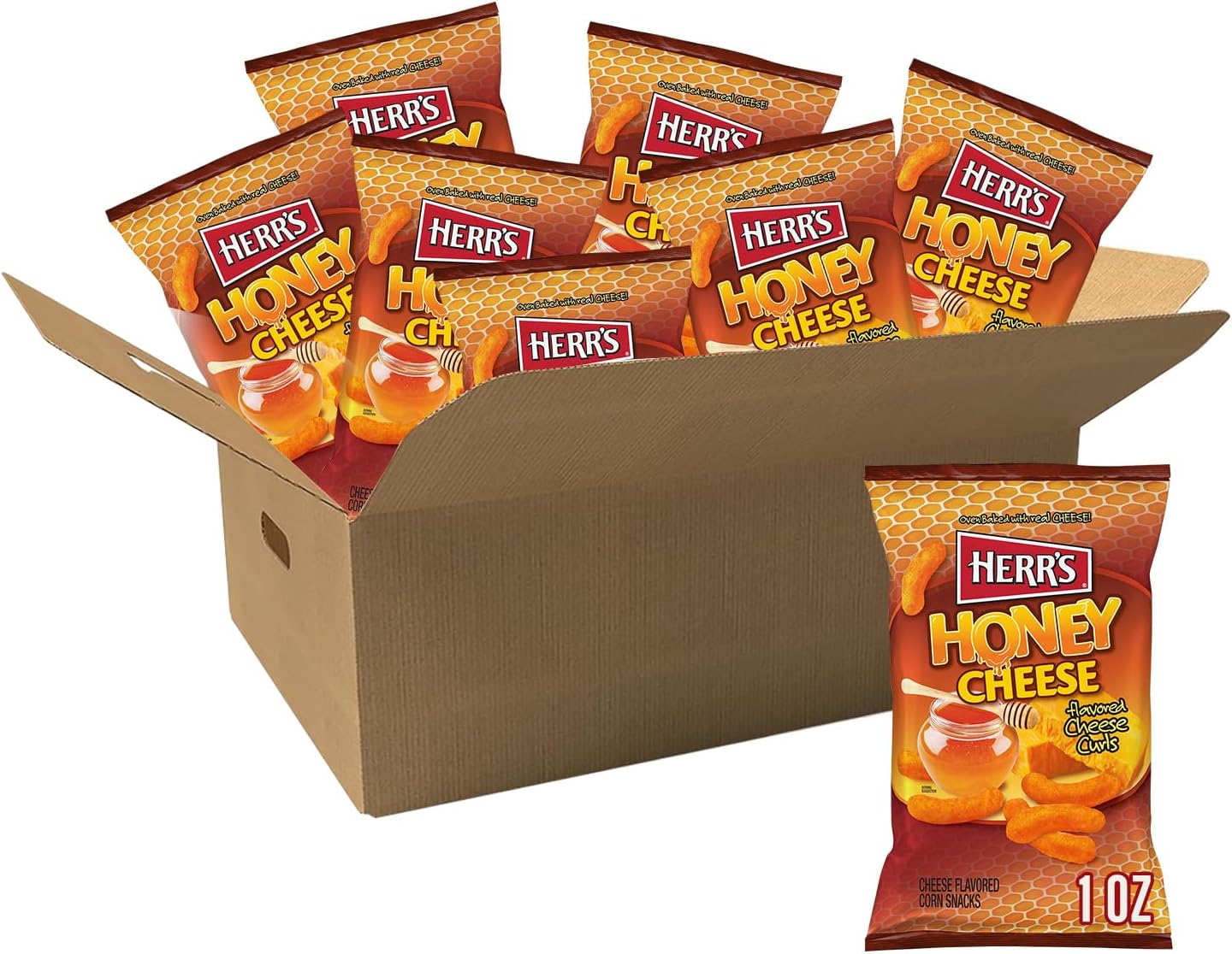 Herr’s Cheese Curls, Honey Cheese Flavored, Gluten Free Snacks, 1oz Bag (7 Count)