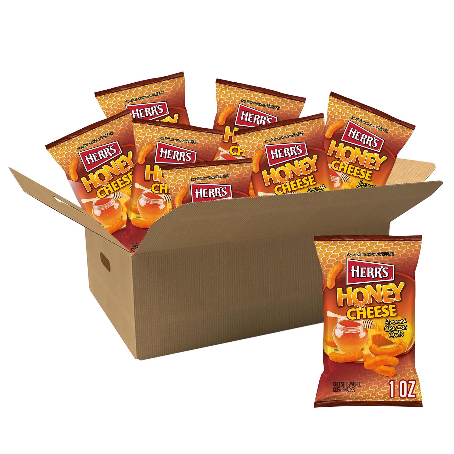 Herr’s Cheese Curls, Honey Cheese Flavored, Gluten Free Snacks, 1oz Bag (7 Count)