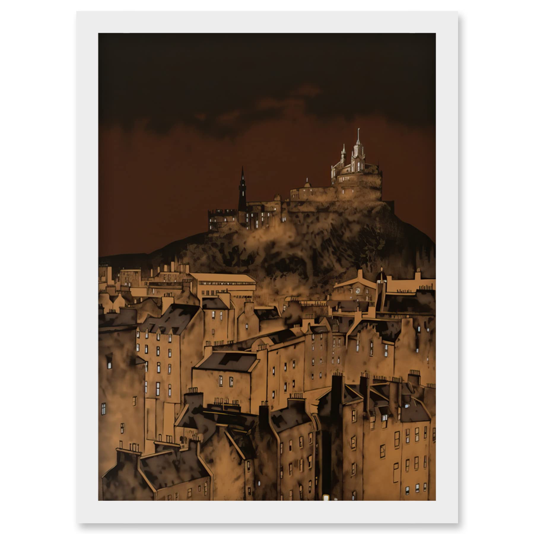 Artery8 Edinburgh Castle Over Old Town Cityscape at Night Artwork Framed Wall Art Print A4