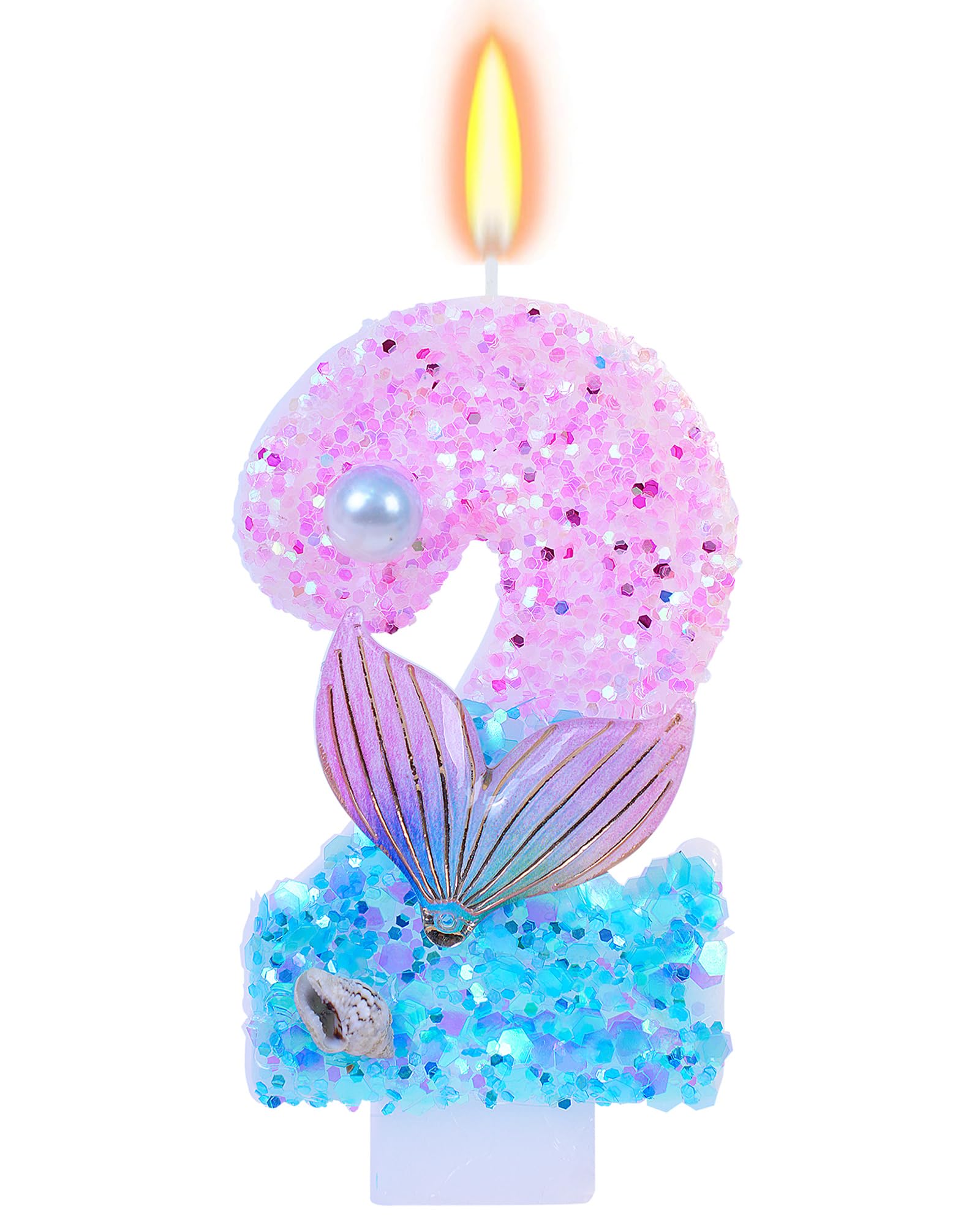 Bougies d'anniversaire à paillettes sur le thème de la sirène, numéro 2 pour filles, décoration de fête d'anniversaire de mariage, décorations de gâteau de 7,3 cm (thème sirène, numéro 2)