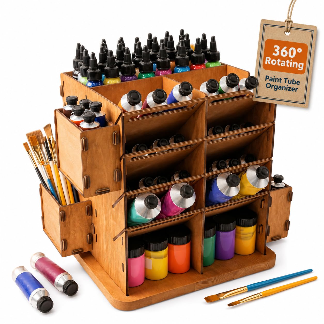 Organizador giratorio de tubos de pintura para pintura acrílica y al óleo, almacenamiento de suministros de arte de madera con soporte para botella de disolvente y soporte para pinceles