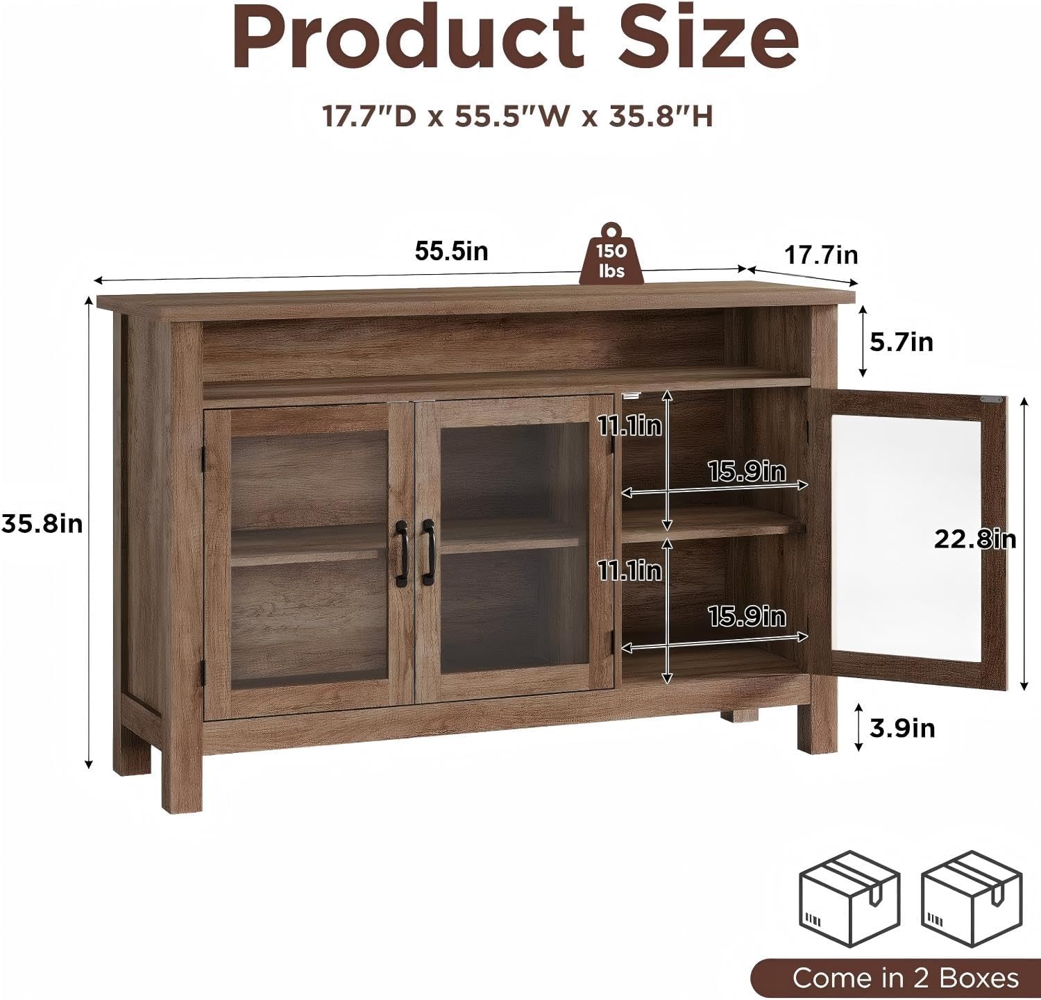 55.5" Glass Door Buffet Cabinet with Storage, Modern Farmhouse Sideboard Credenza Kitchen Storage Display Cabinet with Adjustable Shelves, Wood Coffee Bar Console Table for Dining Room, Living Room