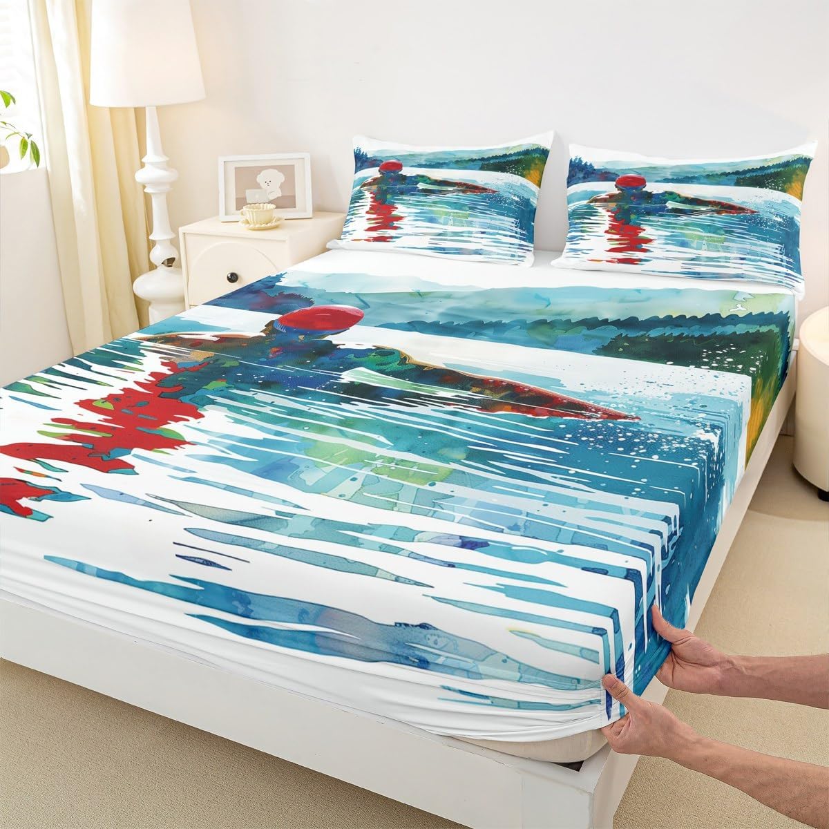 Erosebridal Swim Bed Sheets Summer Cool Sports Bedding Set Swimming Water Sports Fitted Sheet Modern Fashion Swimmer Fitted Bed Sheet Full Size for Kids Boys Girls Teen Room Decor
