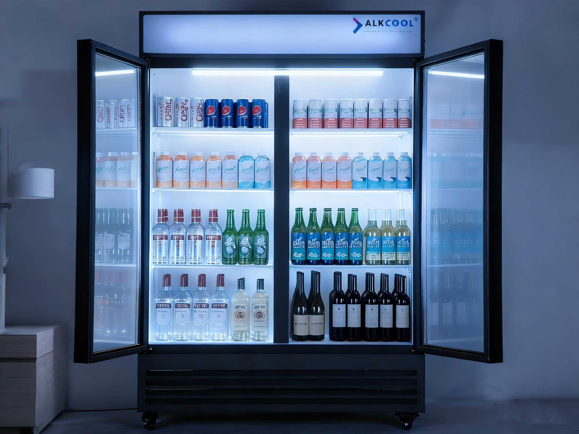 Commercial Beverage Refrigerator Display Fridge,Two Glass Door Upright Merchandiser Drink Cooler with LED Light Adjustable Shelves,46 Cu Ft,ETL Sanitation,(Wheels Included)