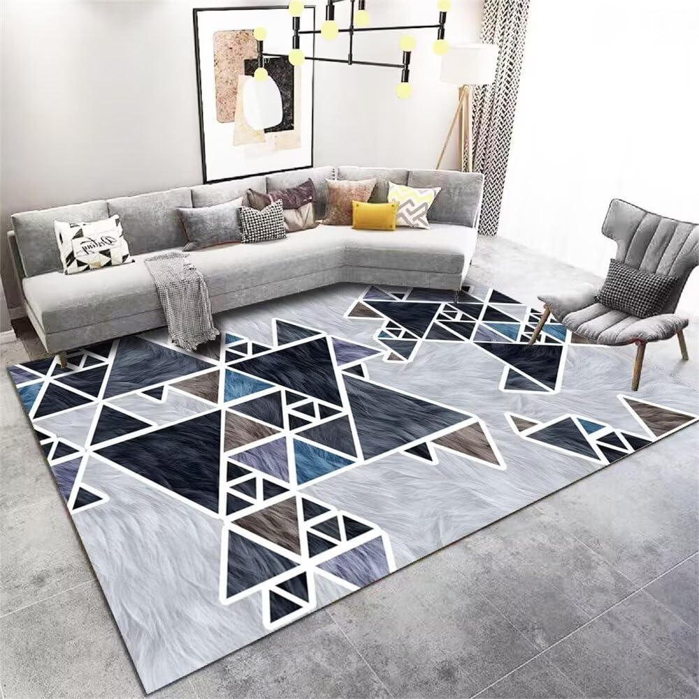 Tapis de chambre double bleu et gris 300x400 cm motif géométrique moderne