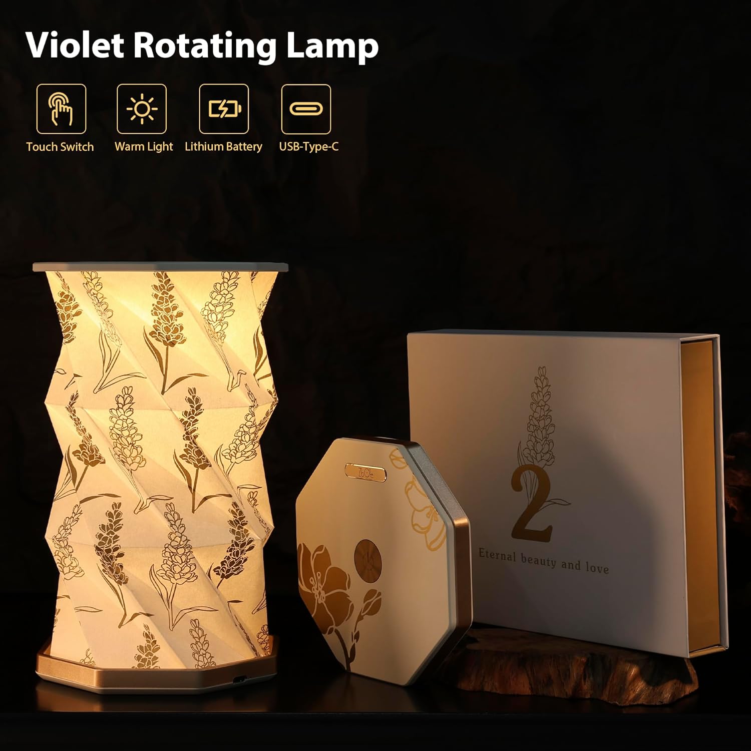 Birthday Flower Folding Rotating Lamp - February Violet, Rechargeable Folding Paper Light, Elegant Gift Box – Ideal Anniversary, Birthday Gift for Women, Mom, Sister, Grandma-White