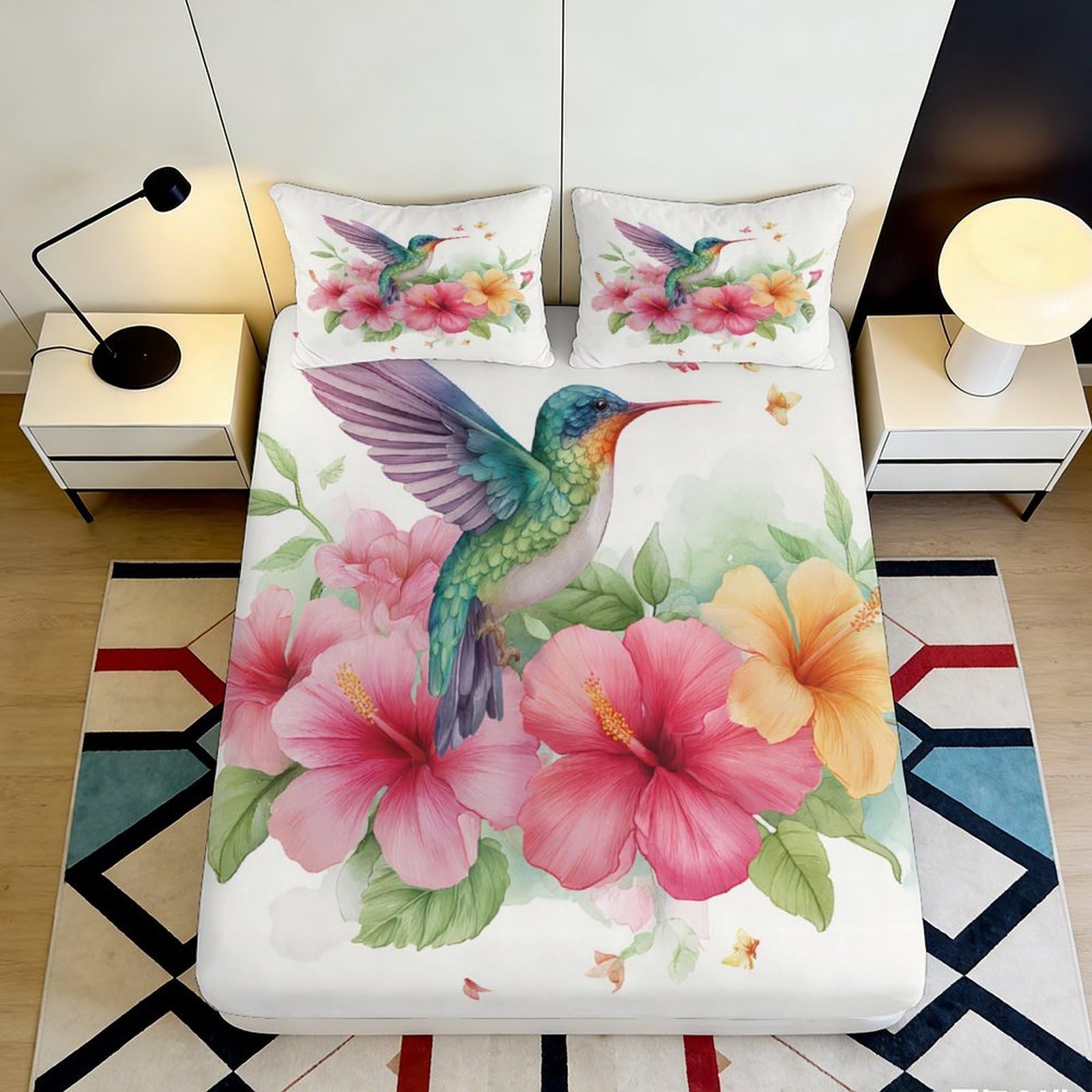 3D Printed Hummingbird Floral Fitted Sheet Microfiber Soft Breathable Hibiscus Bed Cover for Bedroom Dormitory Guest Room Mattress Protection Decor 160x200x25cm