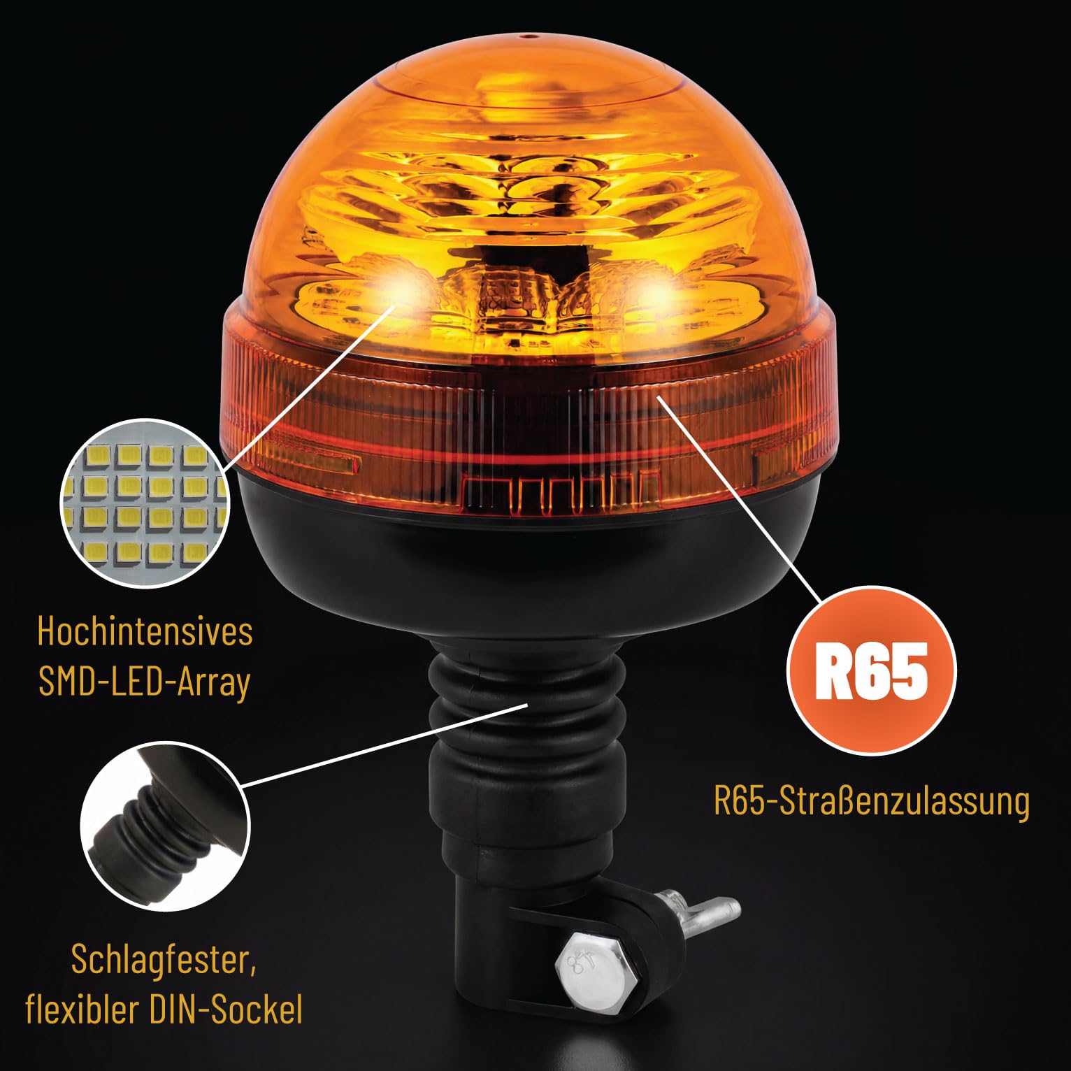 LED Rundumleuchte 12V 24V mit DIN-Stecker – Drehlicht Orange für Traktor, Auto, LKW – ECE R65 R10 Straßenzulassung, IP67, 3 Blitzmuster, Rundumlicht Warnleuchte