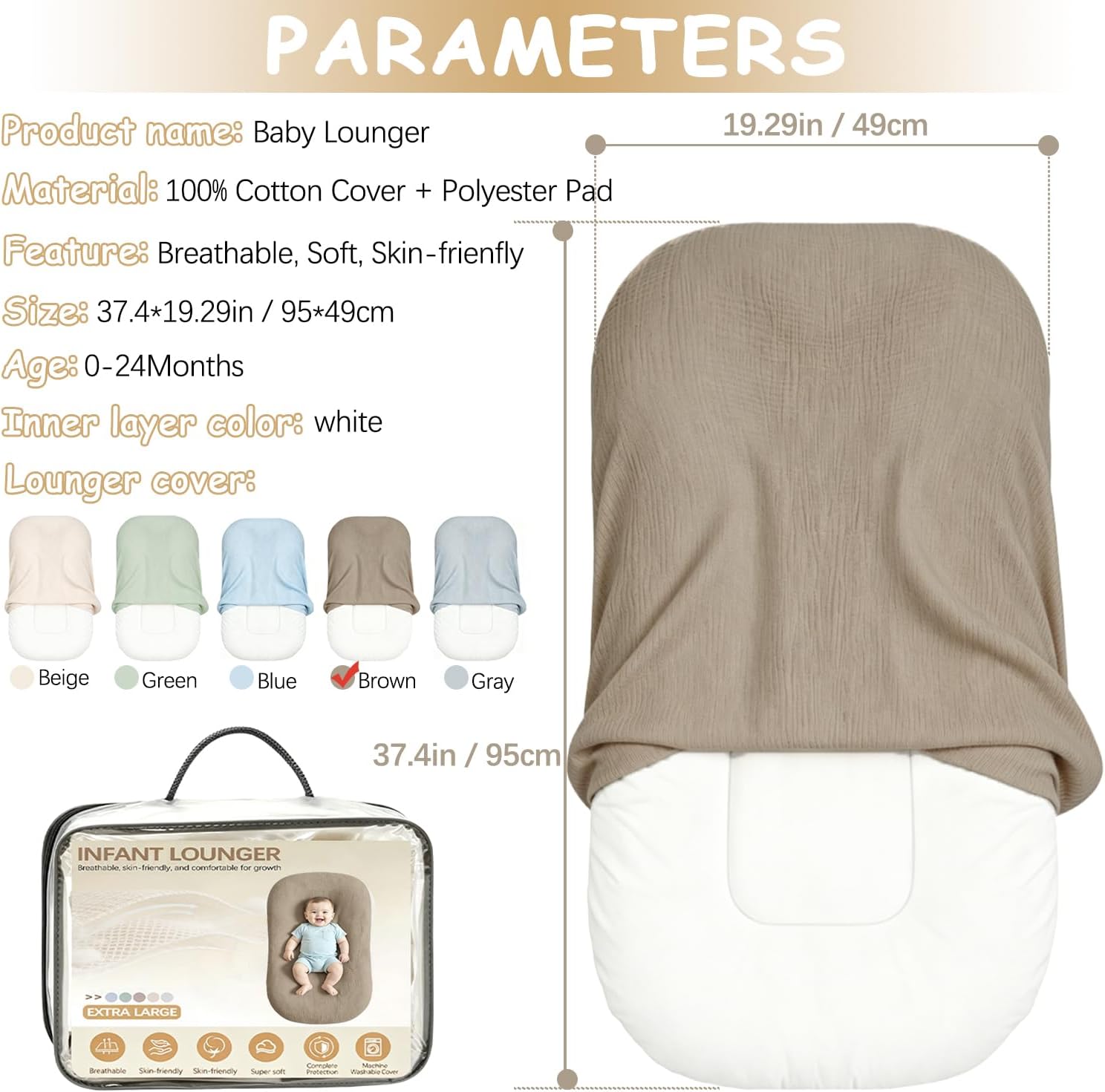 Extra Large Muslin Infant Support Cushion, Breathable Soft Newborn Support Pillow, Portable Tummy Time Mat for Home Travel, Includes 1 Cushion + 1 Replacement Cover, Brown