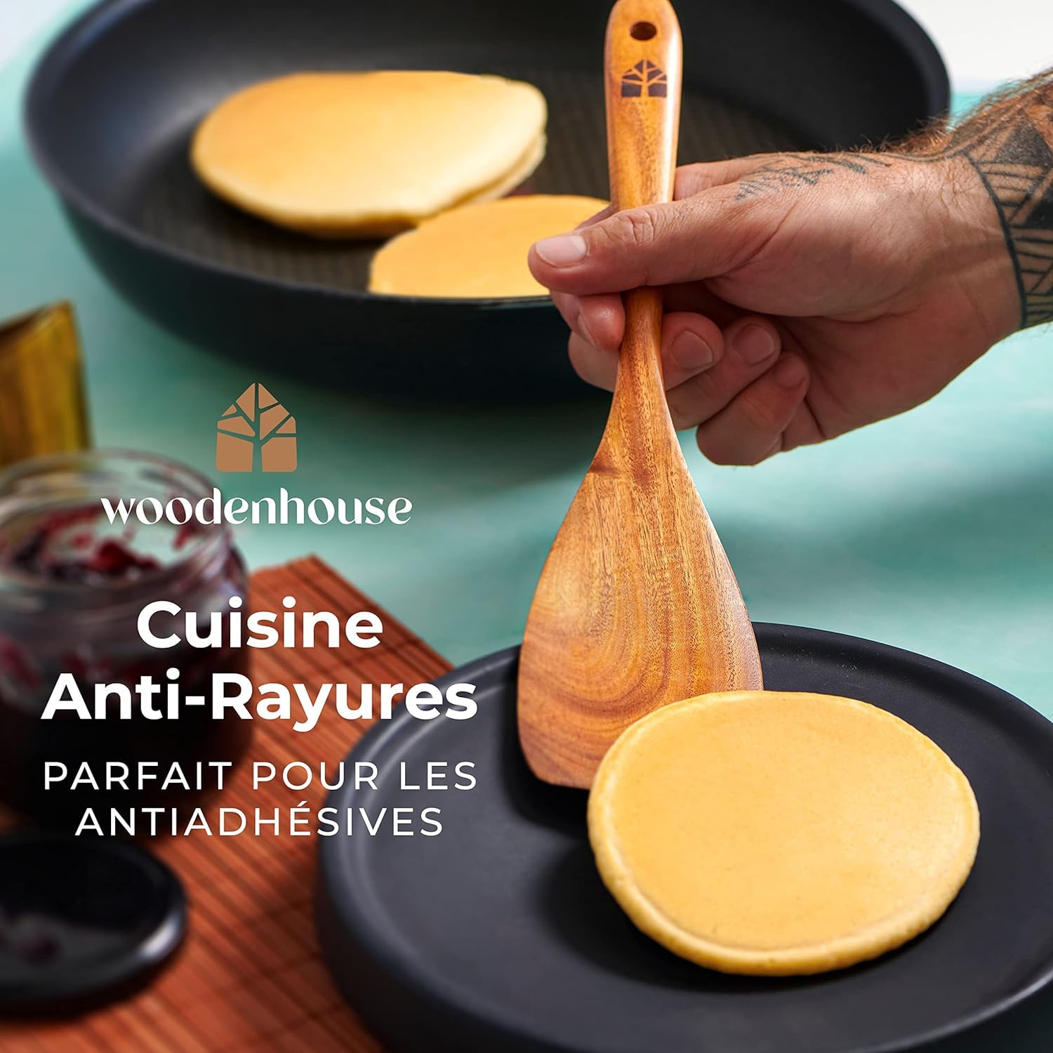 Ustensiles en Bois de Teck avec Support et Repose Cuillère - Cuillères et Spatule pour la Cuisine - Naturels et Sains Antiadhésifs - Ensemble 13 Pièces