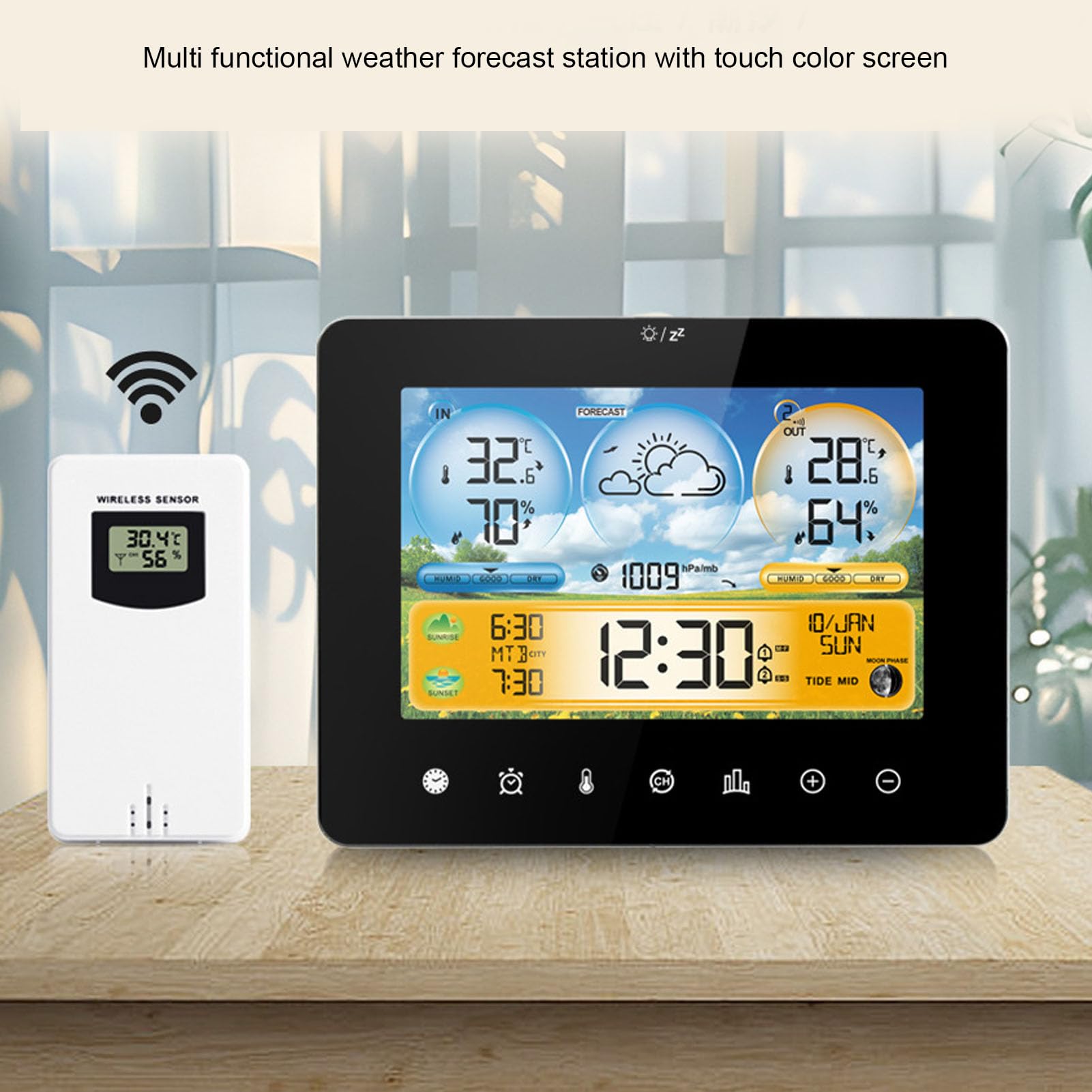 Stazione Meteo Wireless, Monitor di umidità della Temperatura Interna Wireless Stazione Meteo Touch Screen Esterna con Regolazione della luminosità a 3 Livelli per Soggiorno,