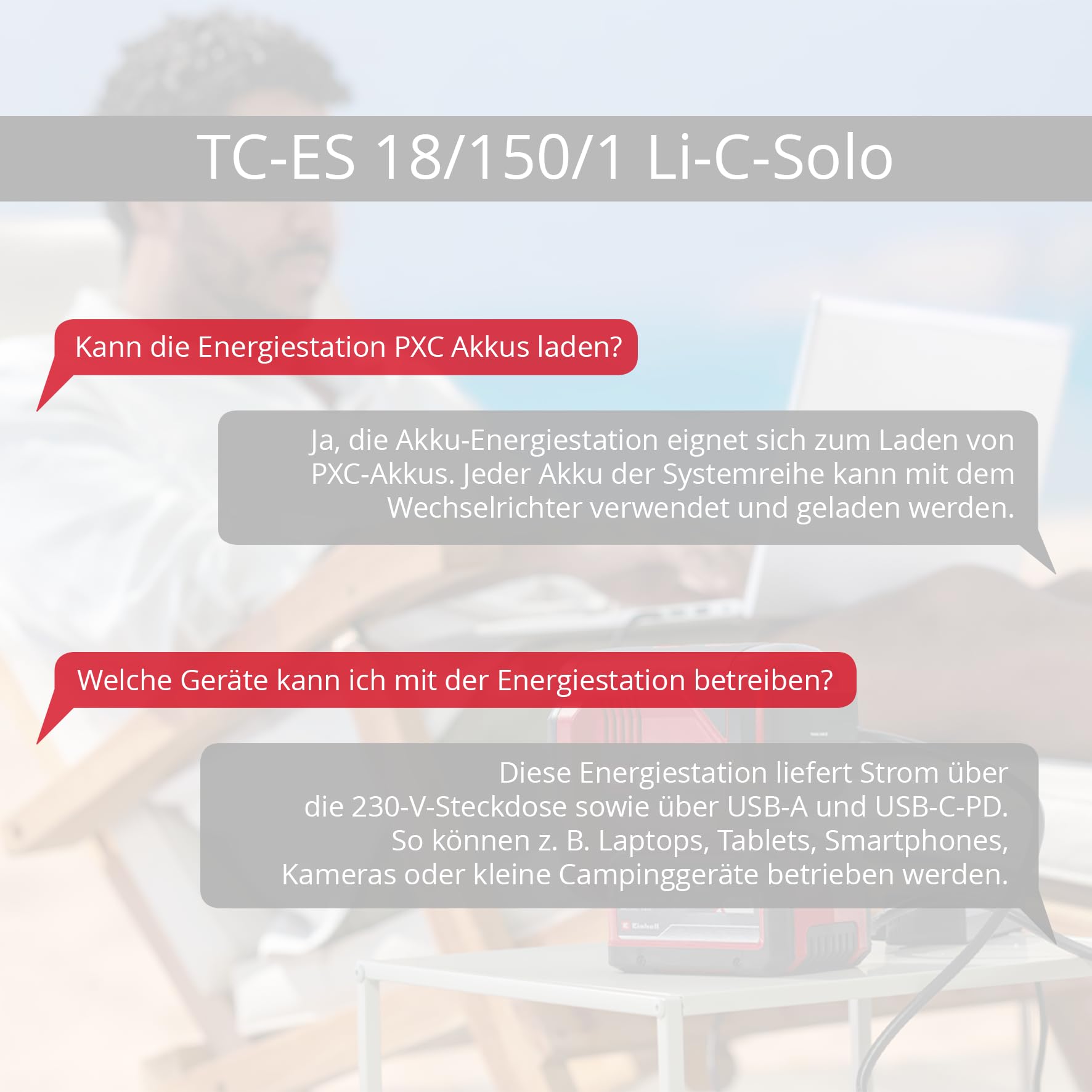 Einhell Akku-Energiestation TE-ES 18/150/1 Li-C-Solo Power X-Change (18 V, Wechselrichter, 230-V- & 12-V-Anschluss, USB-A- & USB-C-PD-Anschluss, Ladefunktion, ohne Akku)