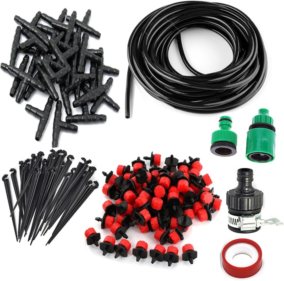 DIY Micro Irrigation Drip System,30 Dripper & Fixed stem, 29 Tee Joints, 2 Faucet Fittings- Tubing Watering Drip Kit for Garden Landscape Flower Bed Patio Plants (82ft)