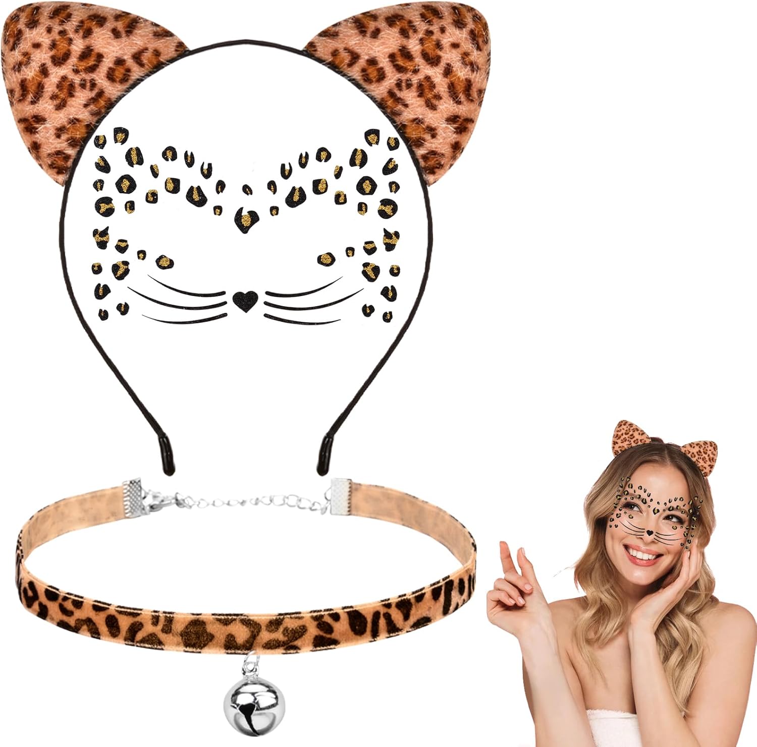 Women Leopard Print Cat Ear Headband Face Sticker Set Halloween Cosplay Party Accessories