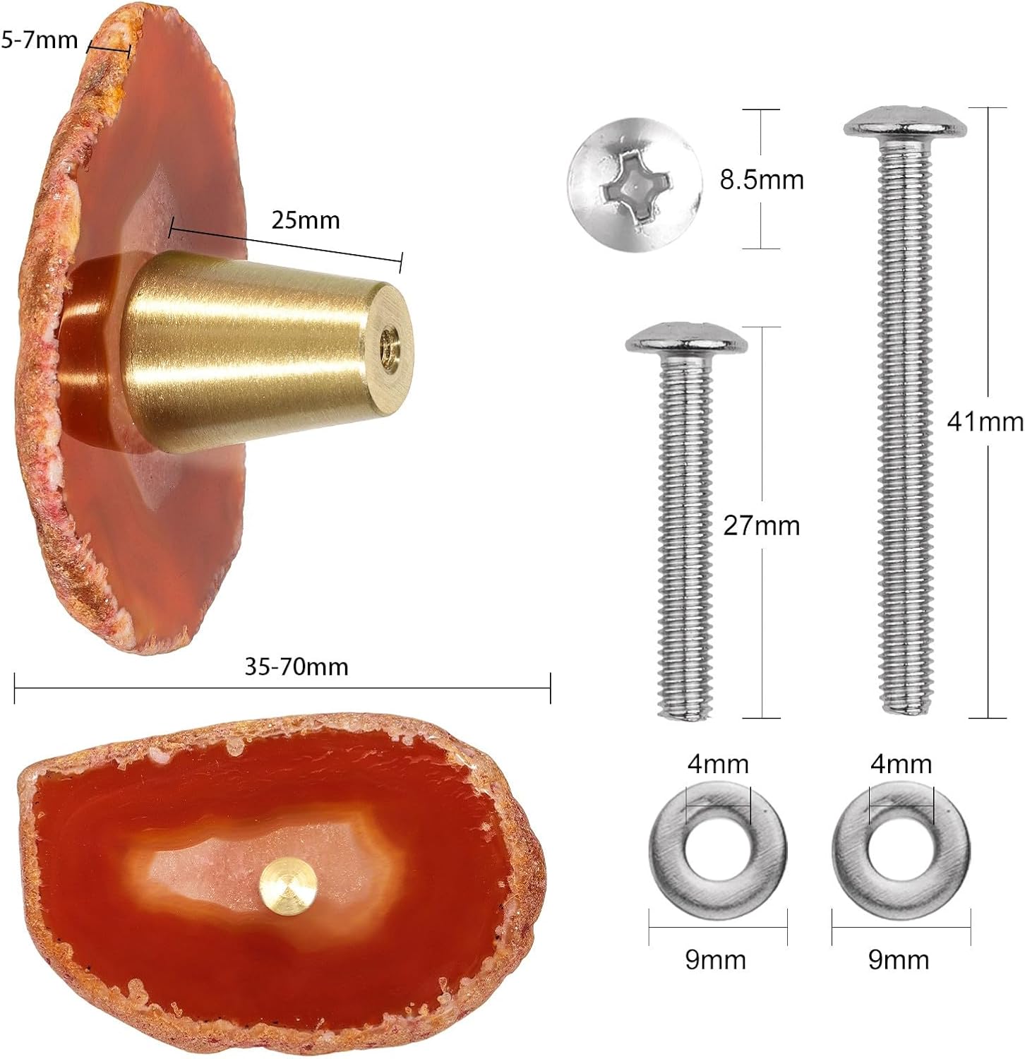 mookaitedecor Set of 4 Agate Slice Drawer Pulls with Screws, Decorative Agate Geode Crystal Cabinet Knobs for Dresser Cupboard Kitchen Decor, Orange-Red