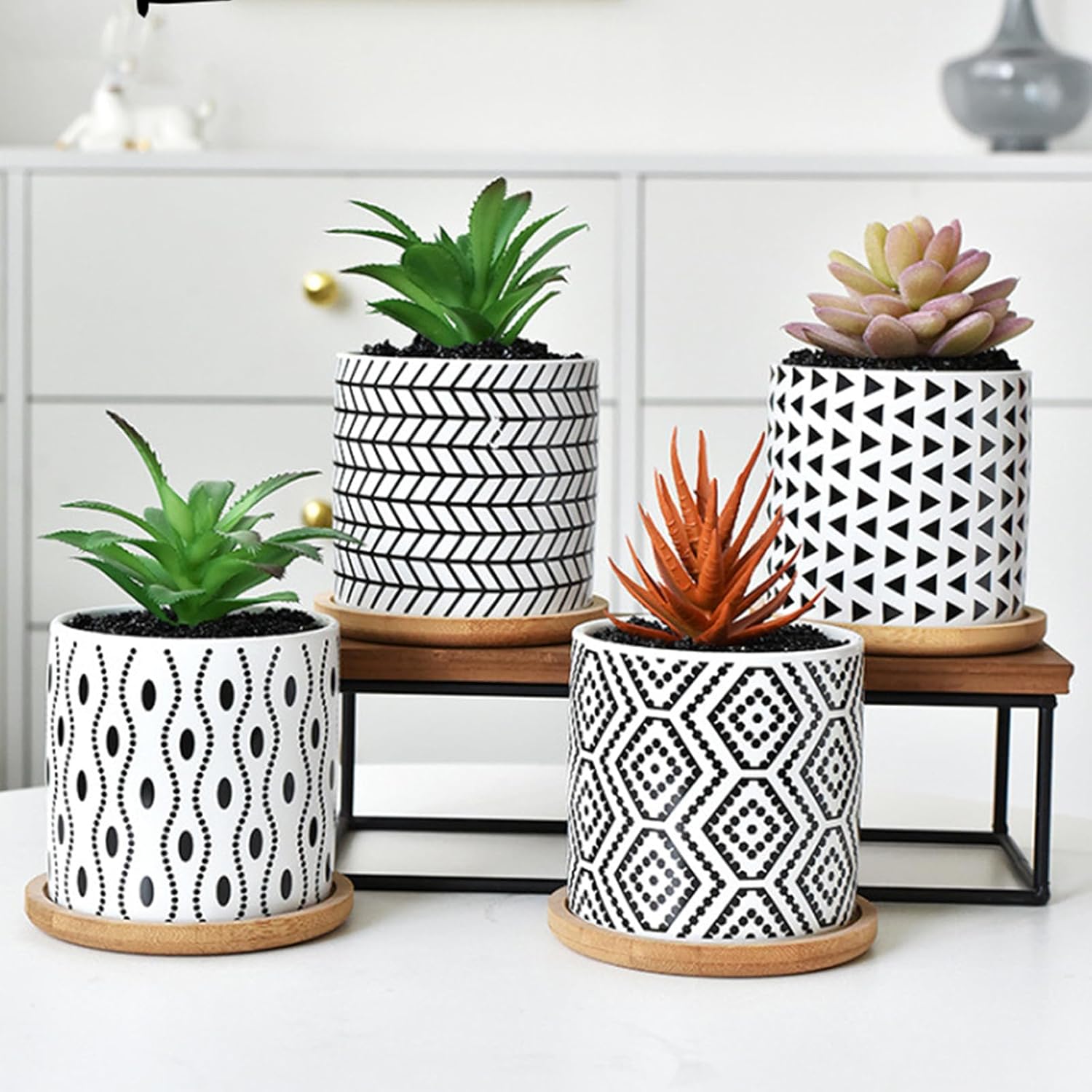 Succulent Pots, 3.5 Inch Small Succulent Planters with Drainage for Plants Live, Hand-Painted Ceramic Pot Flower Pots Bonsai Pots with Bamboo Tray, Unique Gifts for Women/Men, 4 Pack (Geometry-2)