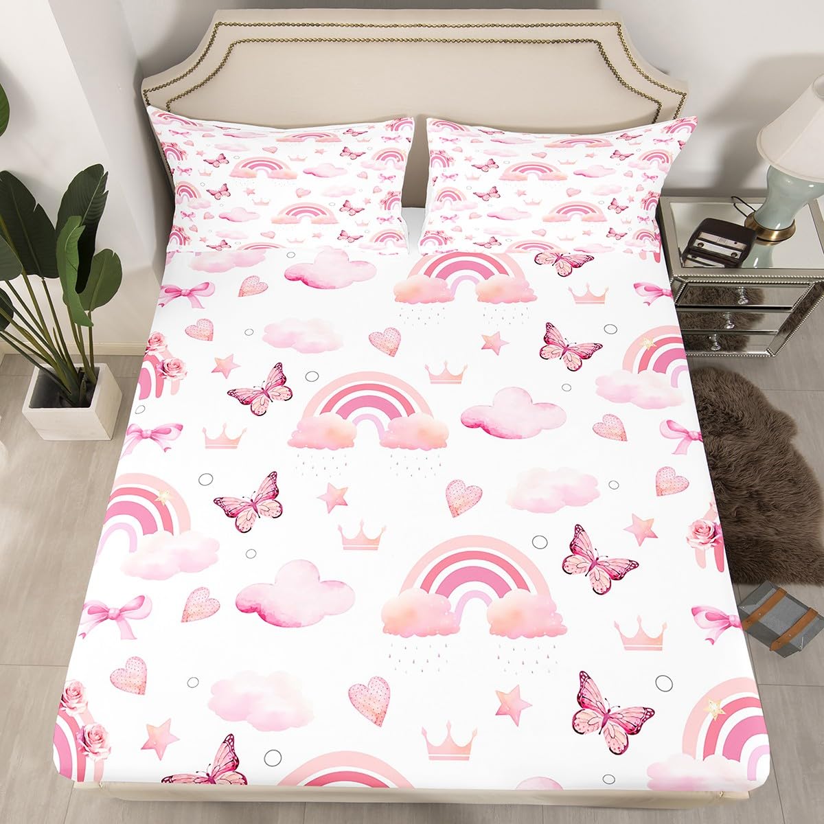 Homewish Pink Butterfly Fitted Sheet Queen Size Love Crown Bedding Set Rainbow Bow Sheet Set,Cartoon Princess Bed Cover Ultra Soft Breathable Bedding 3 Pcs for Kids Teens Boys