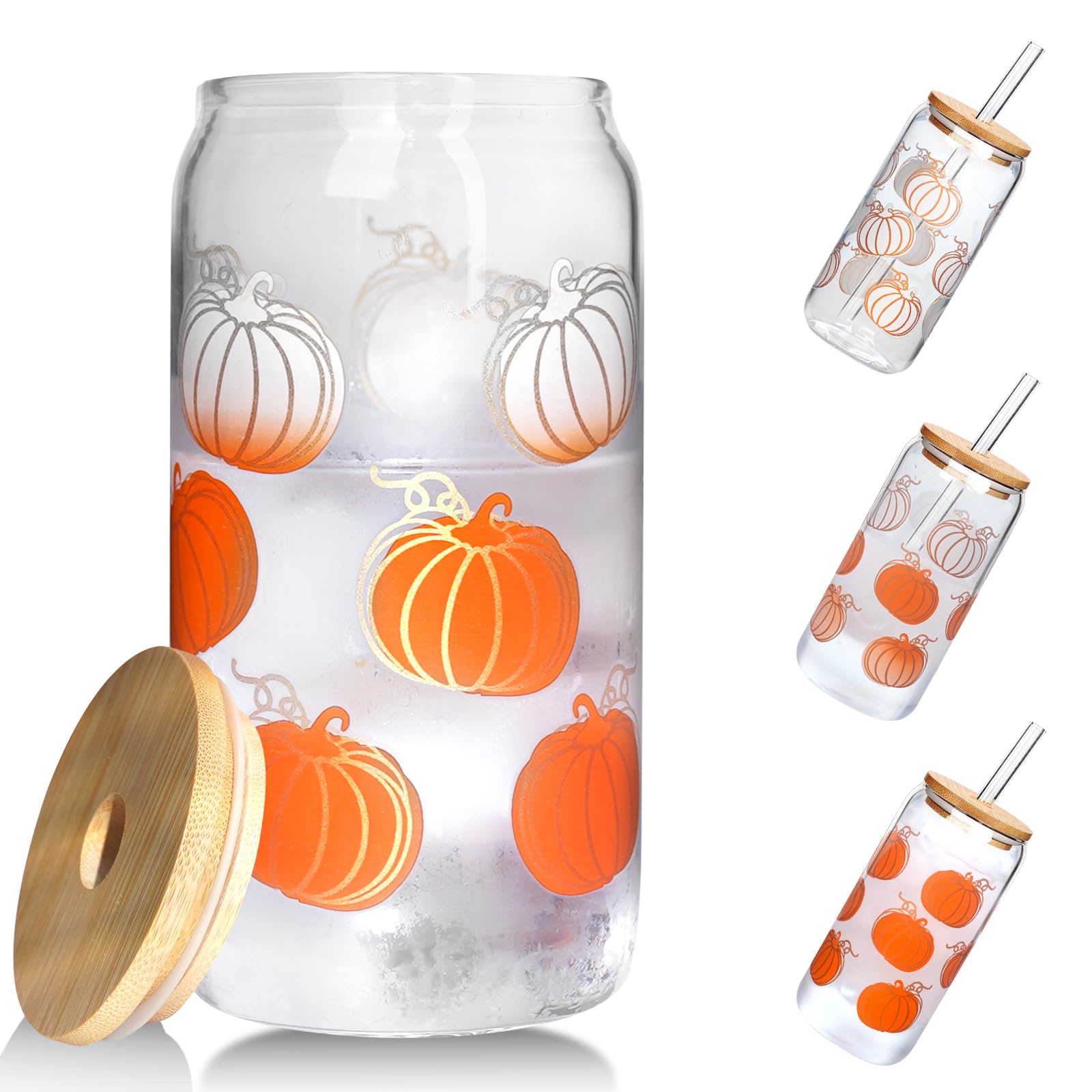 Fall Glass Cup, Color Changing Pumpkin Decor Mug with Lid and Straw