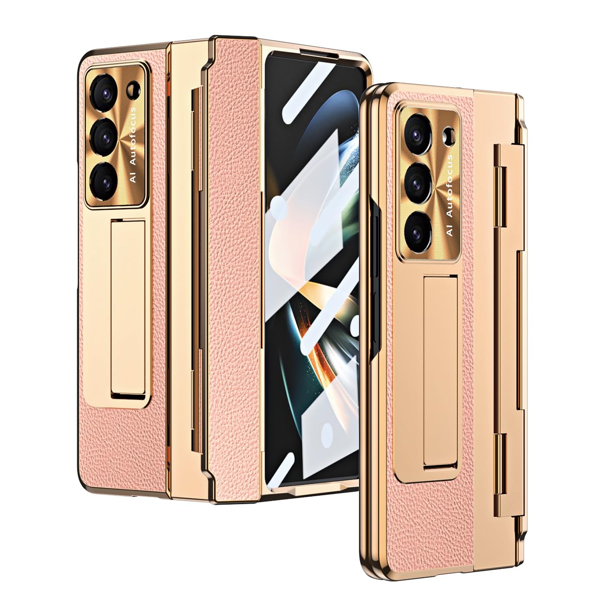BRAND SET Etui do Samsung Galaxy Z Fold6 z wbudowaną folią ochronną, podstawką, ochroną zamków, bezprzewodowym ładowaniem, odpornym na wstrząsy PC, złoty-różowy