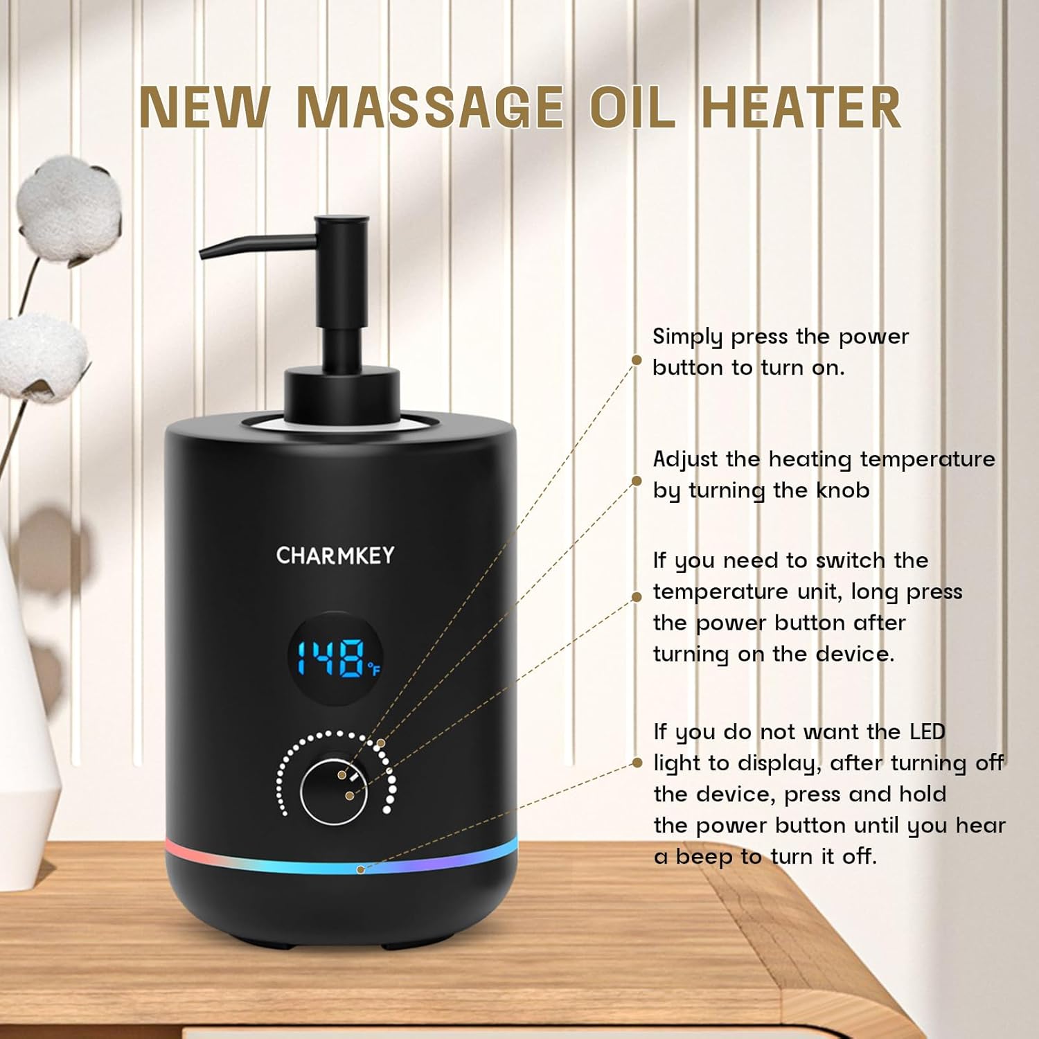 CHARMKEY Massage Oil Warmer Black, 2 Oil Bottle Dispensers & 2 Silicone Funnels, Digital Heater for SPA, Oil Lotion Cream for Salon, Barber Shops, Home, Automatic Lotion Warmer