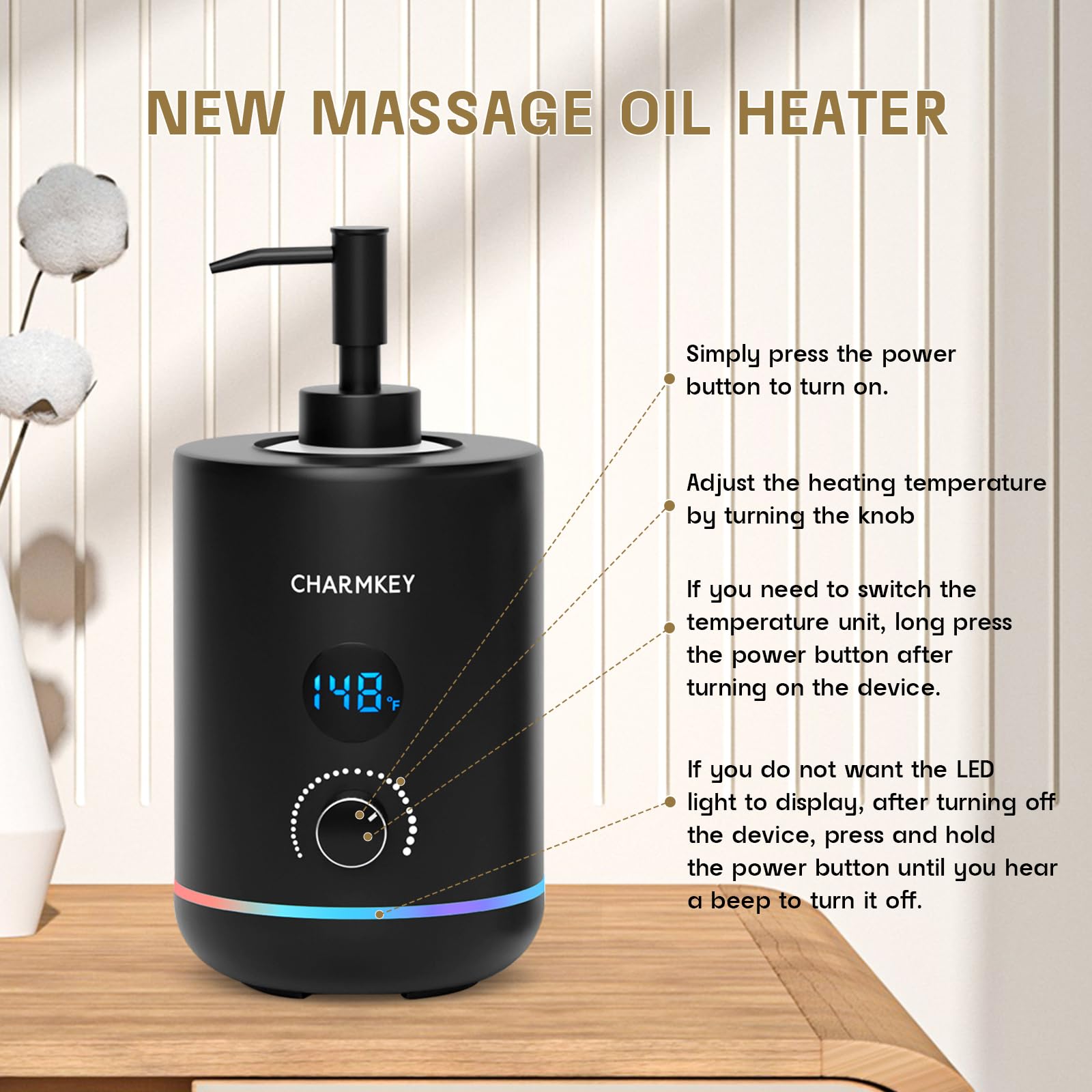 CHARMKEY Calentador de aceite de masaje para spa, dispensador de 2 botellas, temperatura ajustable (negro)