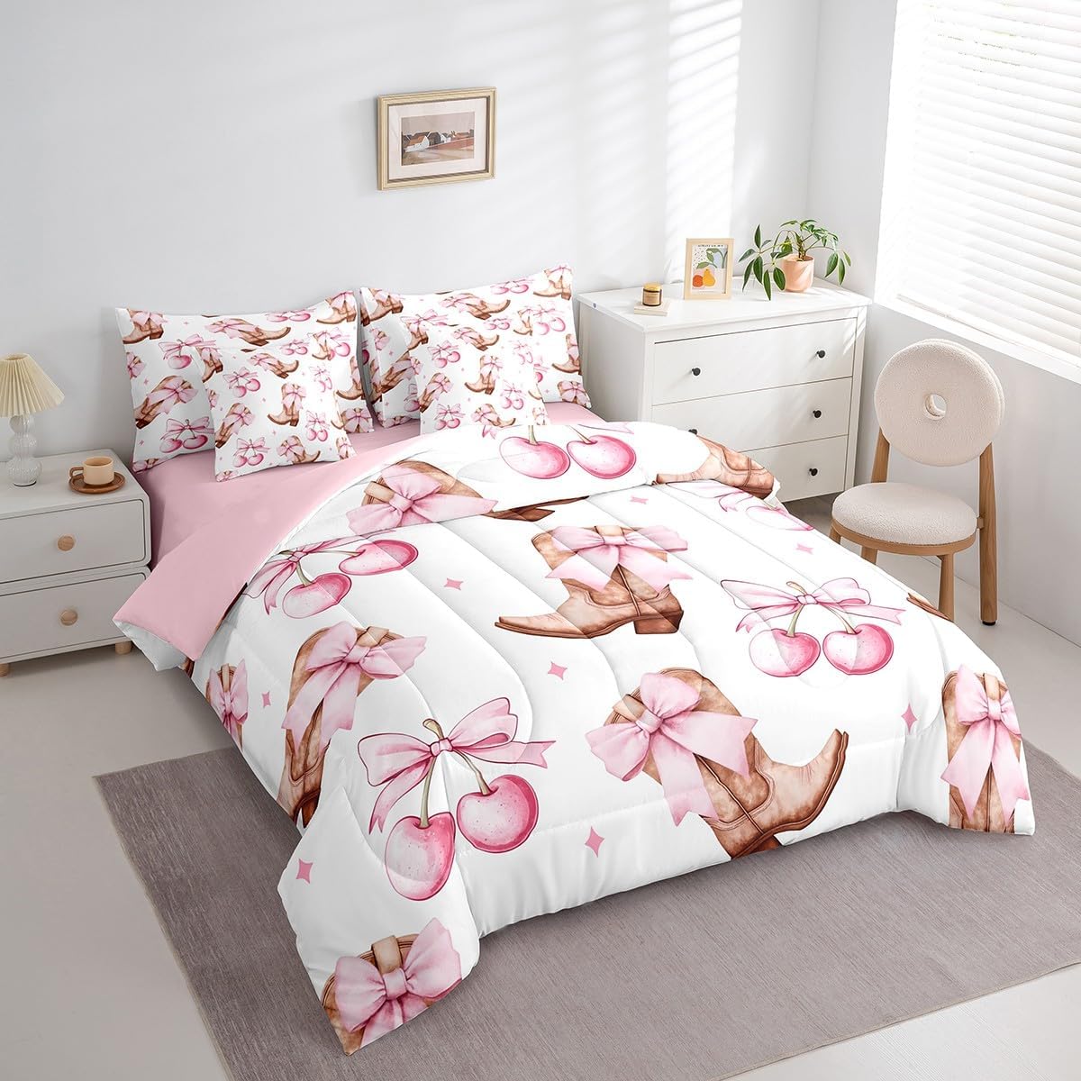 7 Pieces Cartoon Cherry Bowknot Kids Comforter Twin,Western Cowgirl Boots Rustic Bedding Set,Stars Bow Tie Princess Pink Romantic（Comforter+Fitted+Flat Sheet+2 Pillowcases+2 Throw Pillow Covers）