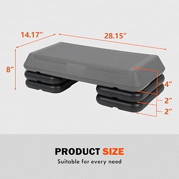 F2C 28.5 Aerobics Platform for Total Body Fitness 4 - 6 - 8 Height Adjustable with 4 Risers Home Workout Exercise Stepper Black/Gray