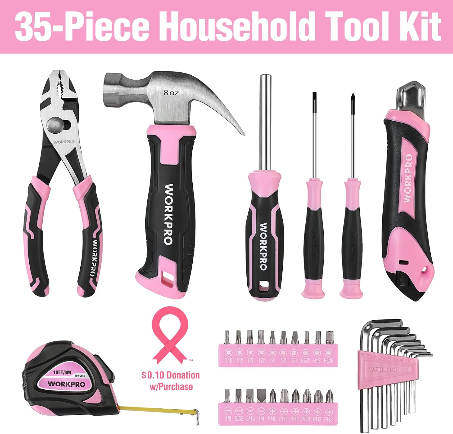 WORKPRO 35-Piece Pink Tools Set, Household Tool Kit with Storage Toolbox, Basic Tool Set for Home, Garage, Apartment, Dorm, New House, Back to School, and as a Gift