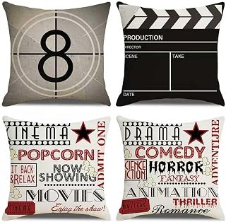 Trlyane Juego de 4 Fundas de Cojín 45x45cm - Diseño de Cine Retro con Claqueta, Cuenta Regresiva y Palabras de Película - ...