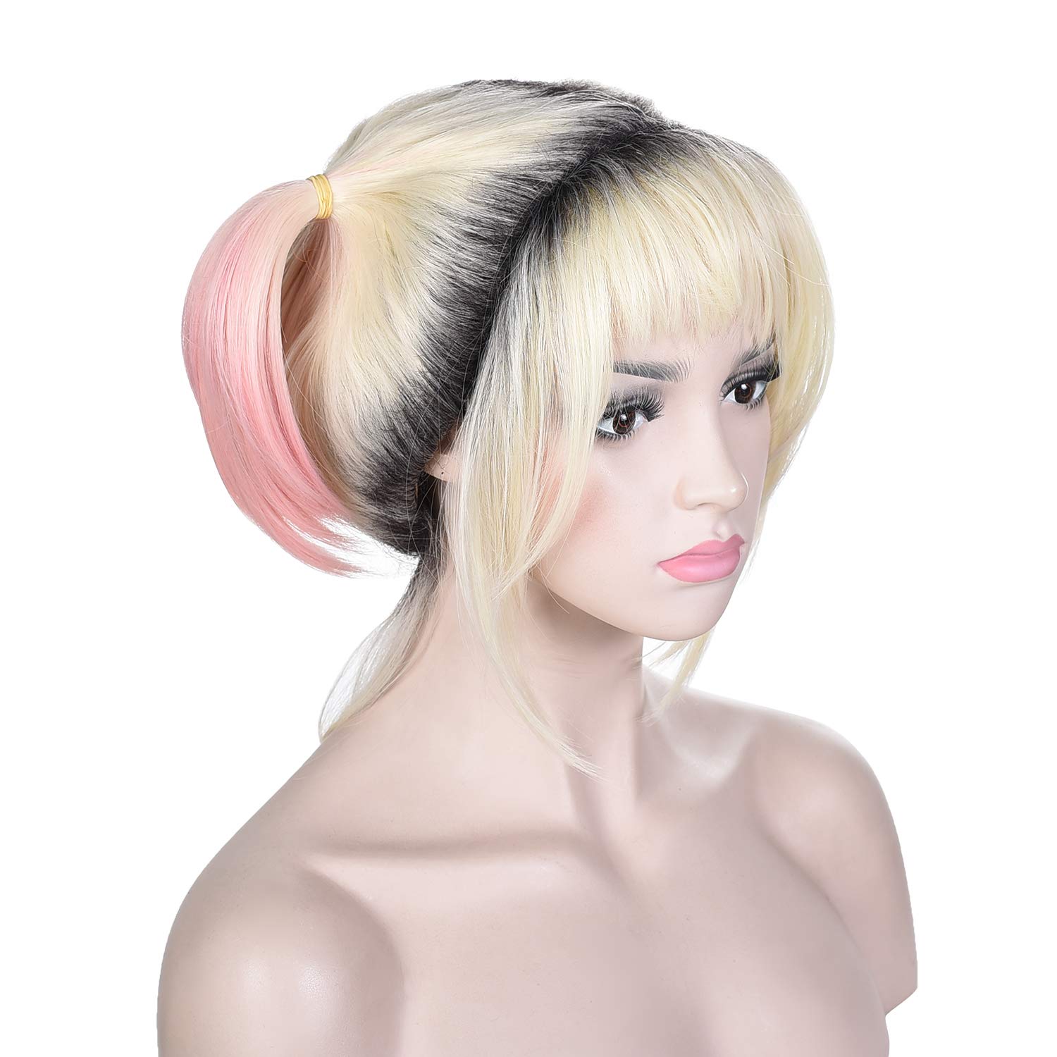Morvally Kurze blonde Perücke mit dunklen Wurzeln und zwei rosa und mintgrünen Zöpfen, Perücke für Cosplay, Kostüm, Halloween