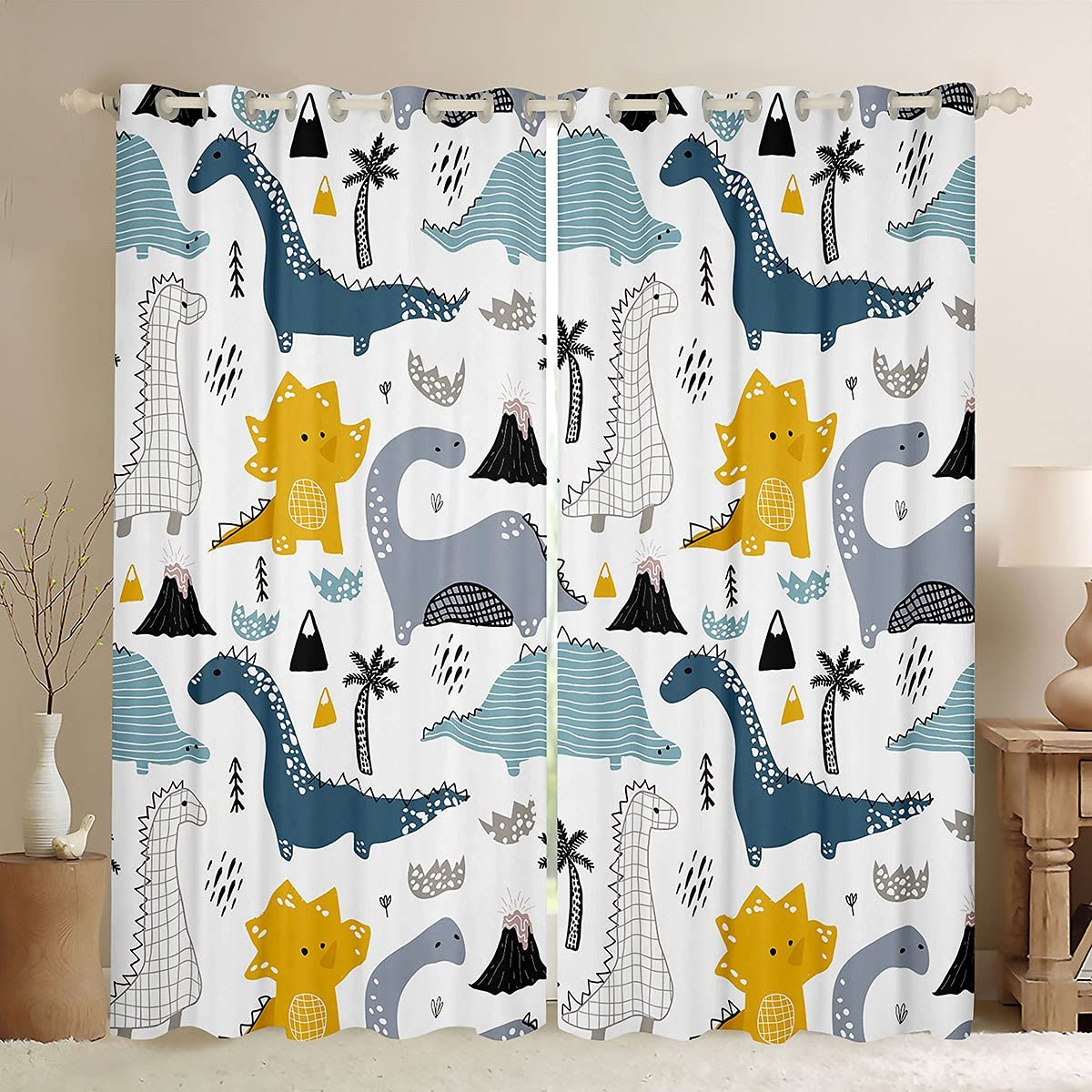 Dinosaur Curtains Window Kids Boys Eyelet Windows Drapes Novelty Ring Top Window 3D Print Curtain for Bedroom Living Room Room Decoration,W46*L54