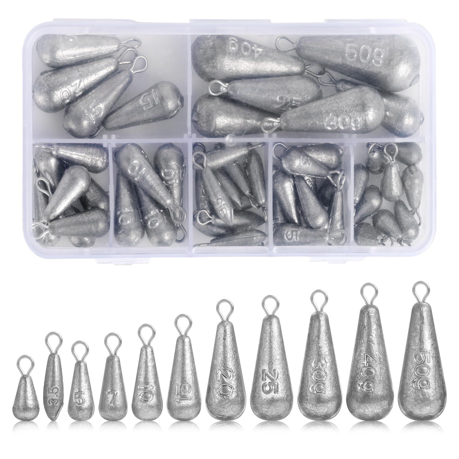 50 Pcs Fishing Weights Mixed, Sea Weights 10 Sizes 3.5g-50g for Deep Water