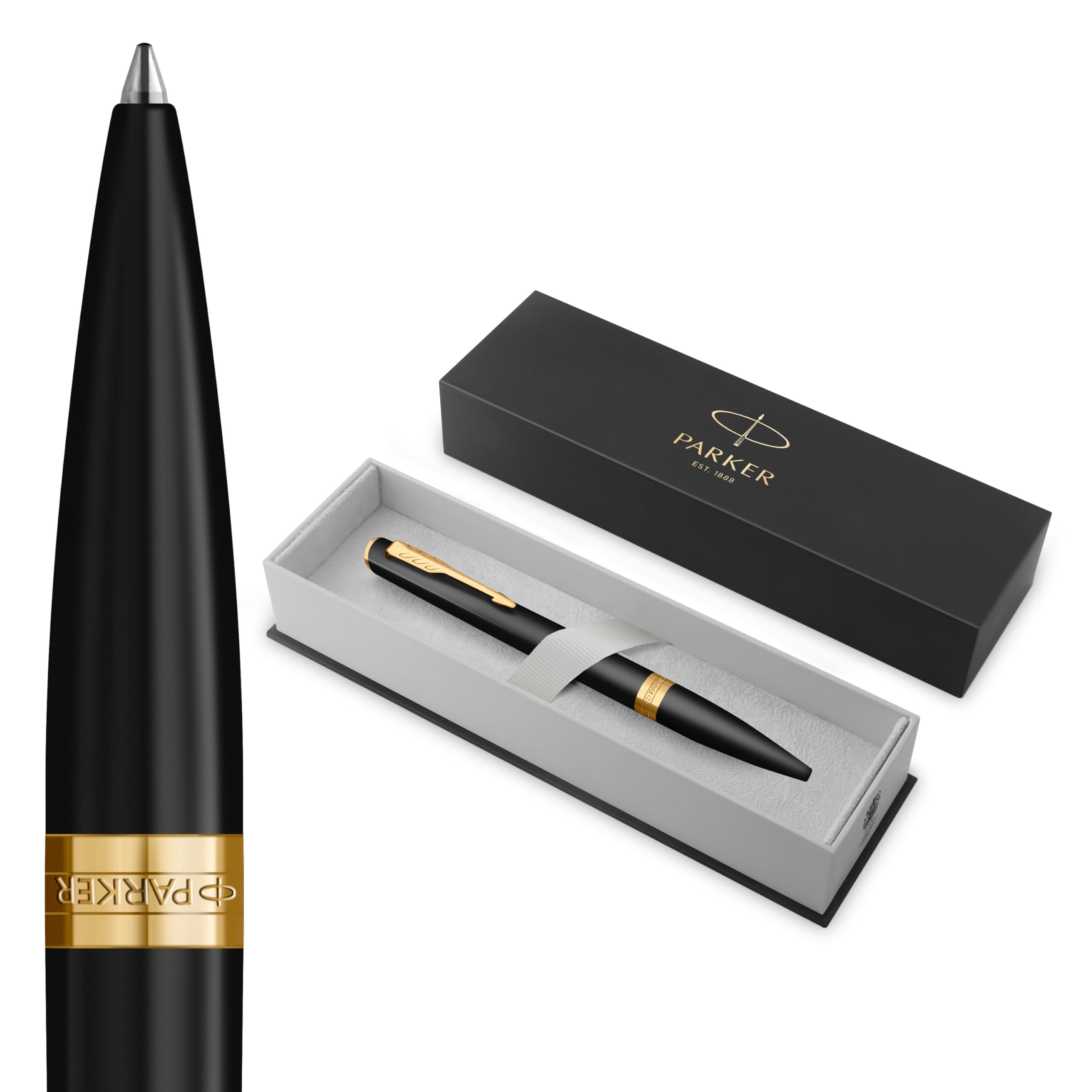 PARKER Meridian Kugelschreiber | Mattschwarzer Lack mit goldenen Verzierungen | Mittlere Spitze | Schönschreibfüller & Journaling Zubehör | Blaue Tinte | Luxus-Geschenkbox