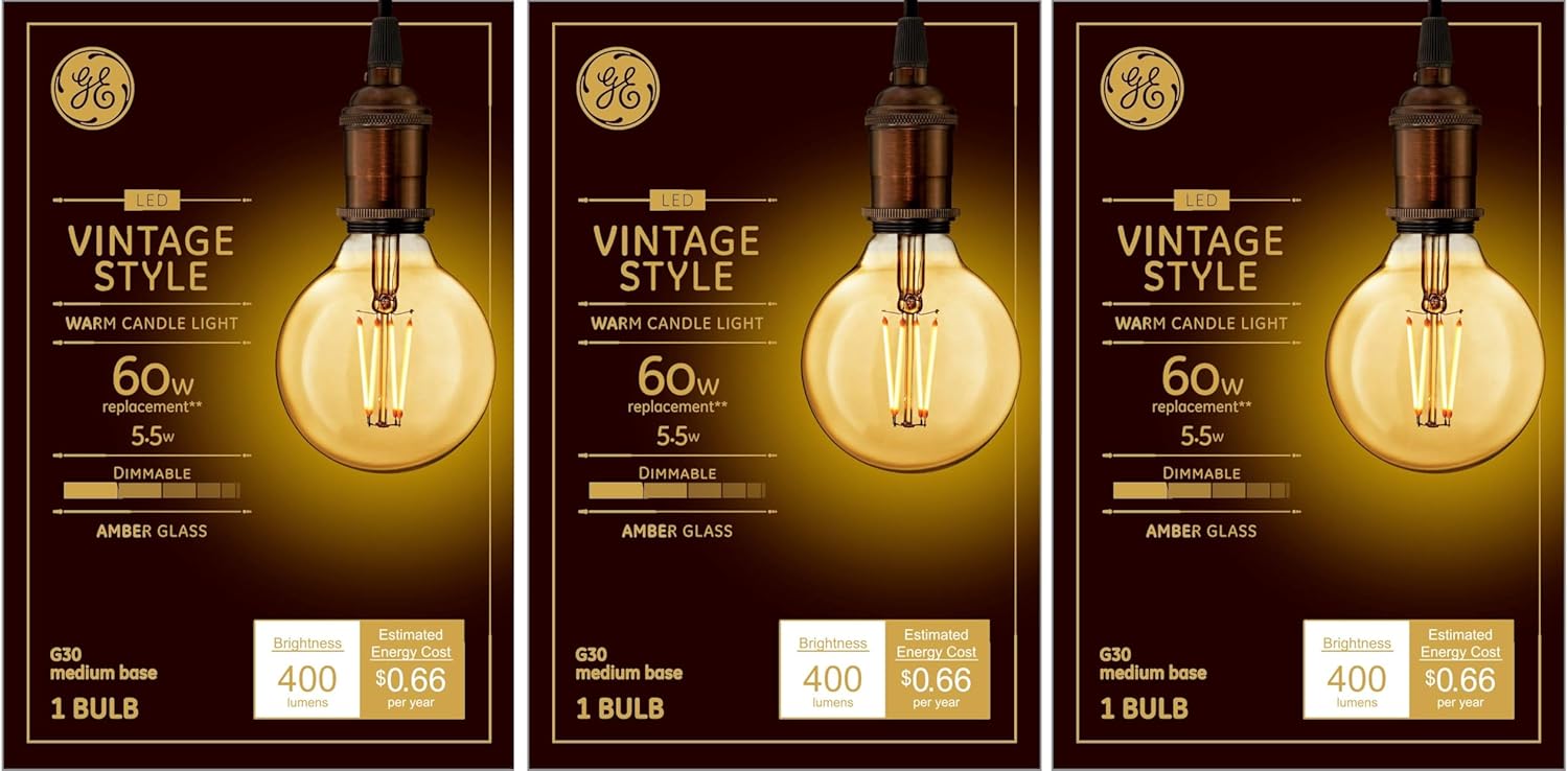 GE (case of 3 Bulbs) Lighting Vintage Style LED G30 Globe Light Bulb, 5.5 Watts (60 Watt Equivalent) Warm Candle Light, Amber Glass, Medium Base, Dimmable, 400 lumens