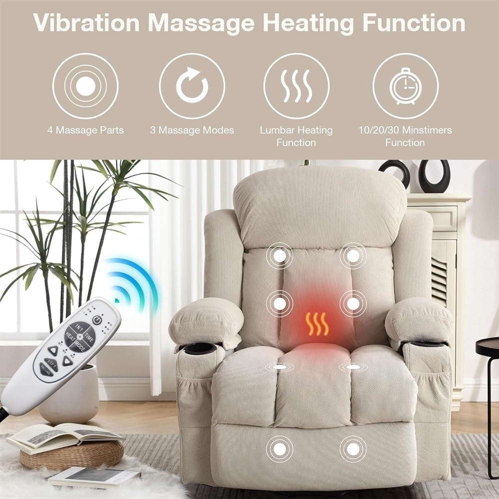 Electric Recliners Chair, Comfortable Medium Power Lift Chairs Recliners for Elderly, Massage and Heat, Living Room Recliner Chair with Remote Control, Side Pocket, 2 Cup Holders, USB Port