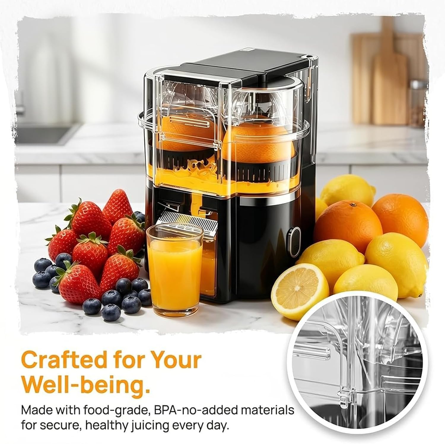 Dual-Head Electric Citrus Juicer, Automatic Orange Squeezer with Built-in Cutter, 2-Speed Wireless Juicing Machine for Oranges, Lemons & Limes, USB Rechargeable Portable Juice Extractor (White)
