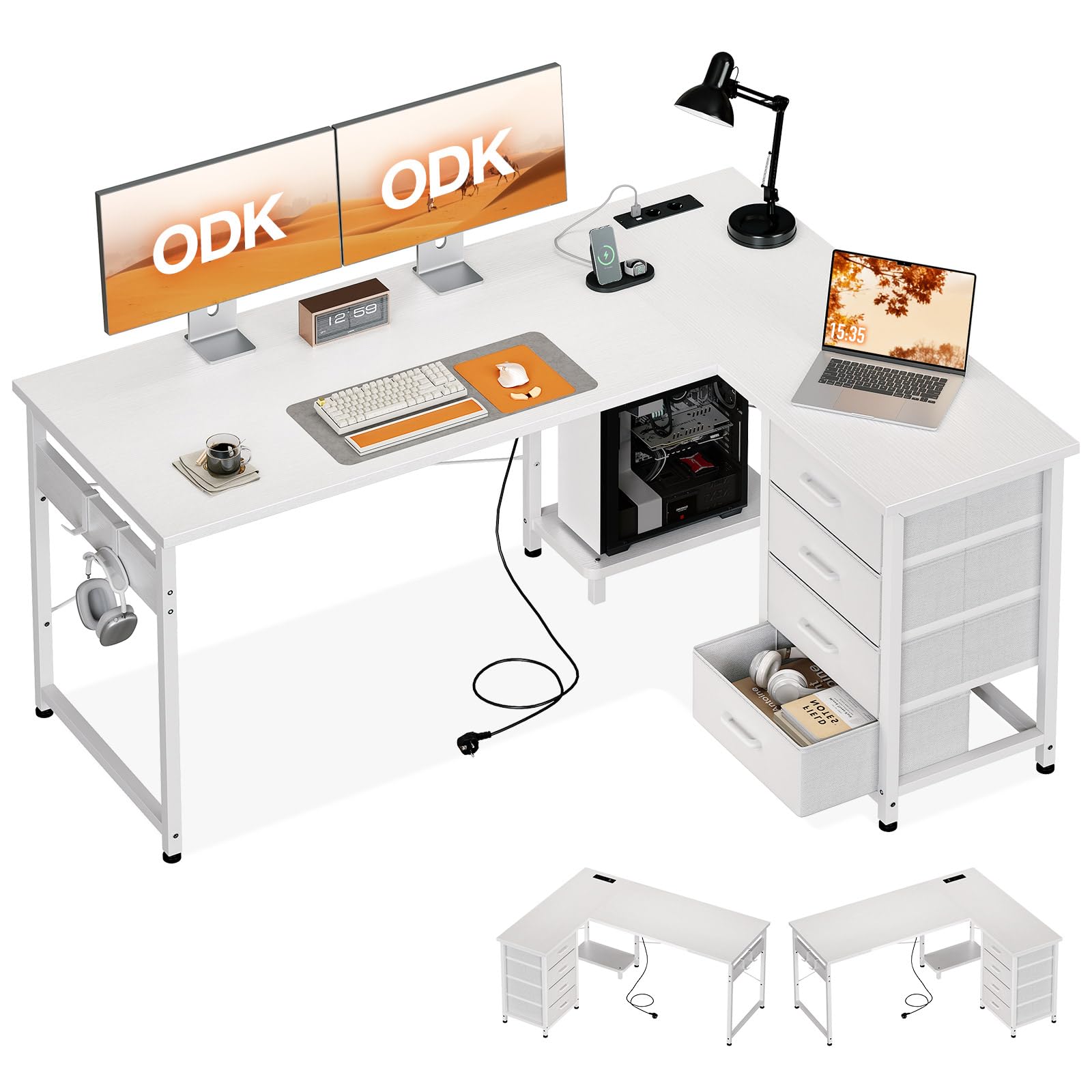 ODK Eckschreibtisch mit 4 Schubladen, 135×100 cm Schreibtisch L Form mit Steckdose und USB-Ladeanschluss, Reversibler Schreibtisch mit Stauraum für Homeoffice, Bianco