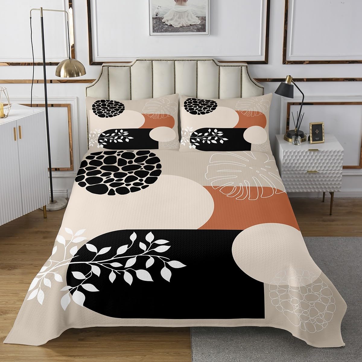 Manfei Boho Summer Vintage Bedspread Twin Size Tropical Palm Leaves Simple Botanical Bedding for Kids Teens Geometric Grids Patchwork Bohemian Beige Coverlet Set Quilt Set for All Season,2 Pcs