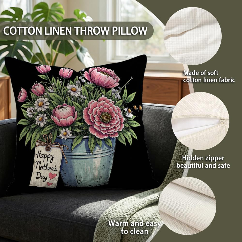 Mother's Day Throw Pillow Cover 16x16 Inch Cotton Linen Farmhouse Decor Pink Peony Floral Design Decorative Cushion Case for Living Room Couch Sofa Bed Best Mom Ever Garden Plant Accent image 4
