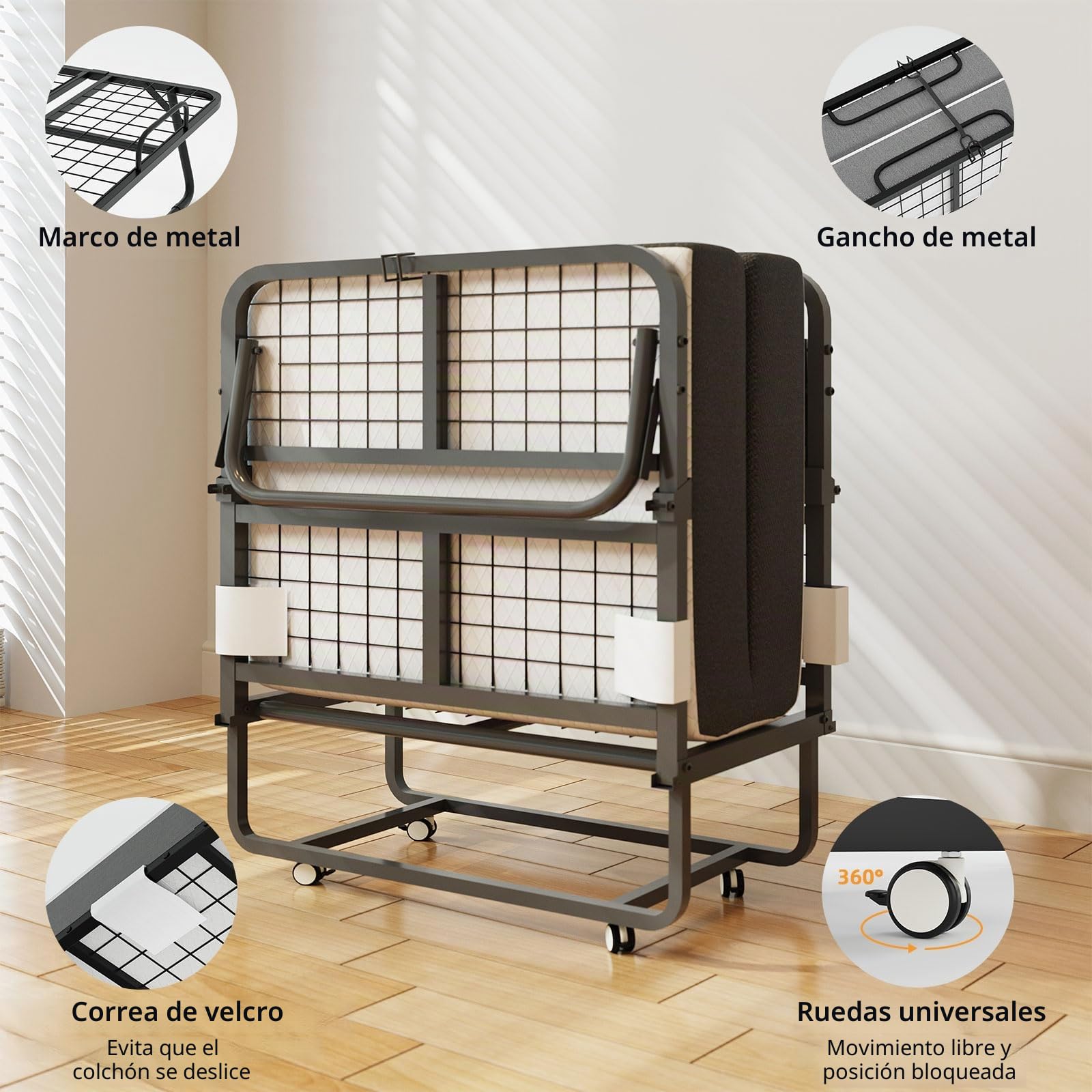 Cama plegable para adultos, 80 x 190 cm, cama plegable para adultos, con colchón de espuma de 13 cm, cama supletoria plegable con 4 ruedas y somier de láminas de metal para invitados, carga 200 kg