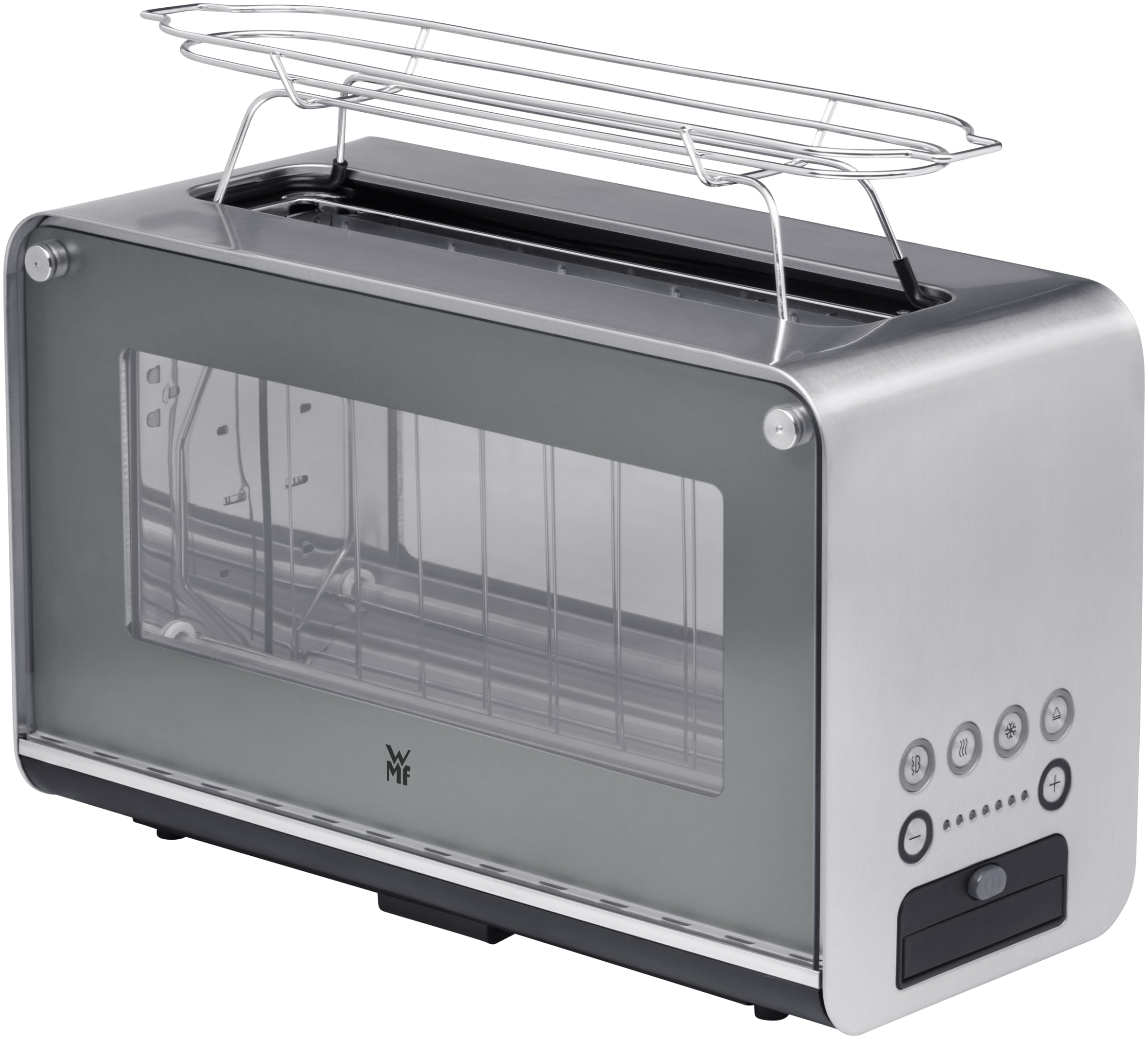 WMF Lono - Tostapane in vetro con inserto per panini, per 2 fette, misura XXL, funzione riscaldamento, 7 livelli doratura, acciaio INOX opaco