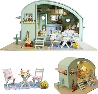 CUTEROOM DIY Miniature Wooden Caravan Dollhouse Kit with Furniture - Creative Mini Doll House Craft for Adults, Teens - Perfect Christmas Birthday Gift