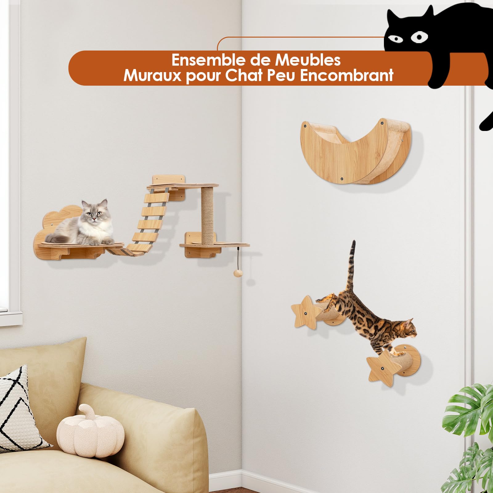 GOPLUS Parcours Mural Chat avec 4 Pièces en Bois Intérieur, Naturel