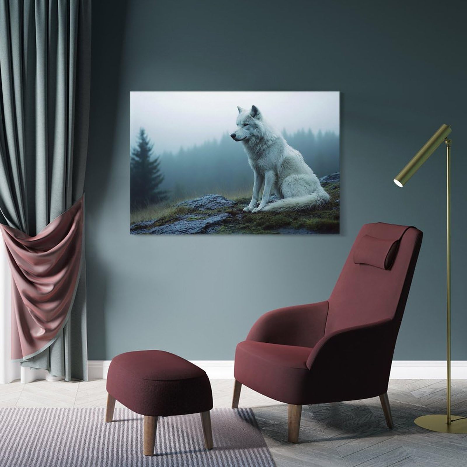 Junmoney White Wolf in Misty Forest Home Decor Wall Art, 20x30inch(50x75cm), for Bedroom, Lounge Or Dressing Area, Canvas Wall Decor for Personal Spaces