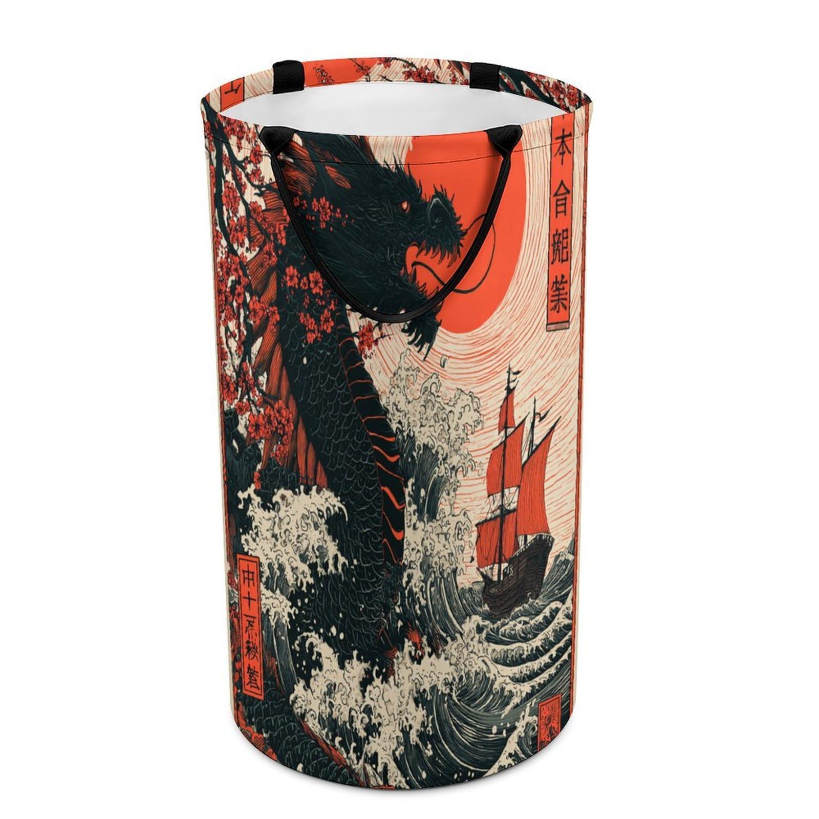 LUYYSKY Vintage Abstract Dragon Versatile Storage Laundry Basket, Japanese Antique Red Sun Pirate Ship Ocean Waves Animal Dragon Large Bathroom Laundry Hamper With Handle-40 CM Dia, 69 CM High