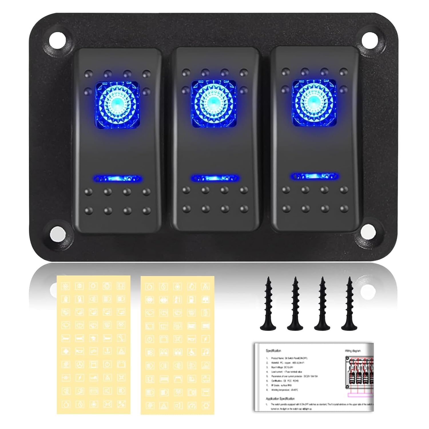 7 Gang Rocker Switch Panel Waterproof Pre-Wired Blue Backlit Toggle ON/Off Switch for Boat Marine Automotive RV Truck Trailer 12-24V