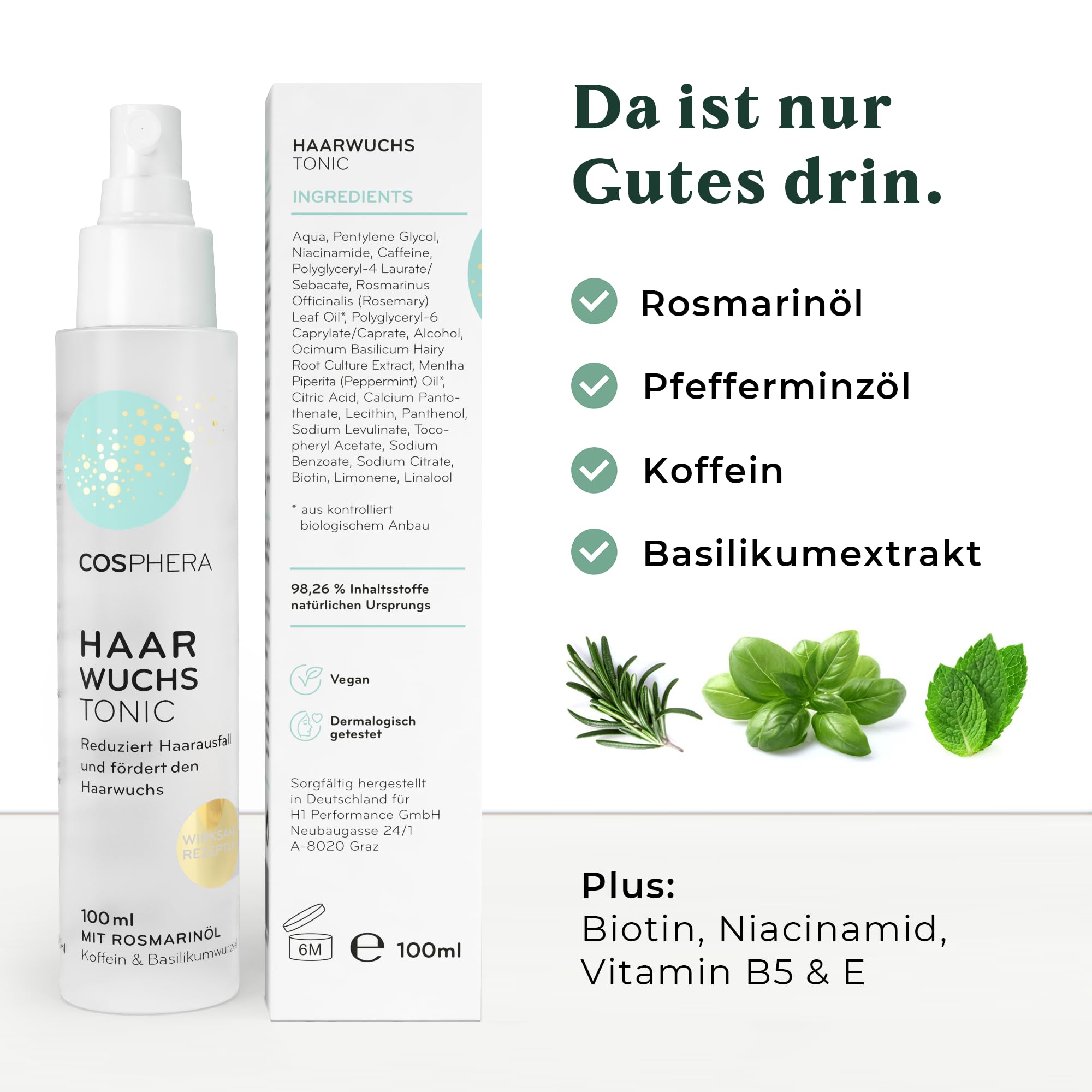 Cosphera Spray tonico per capelli, 100 ml, con olio di rosmarino, olio di rosmarino, per accelerare la crescita dei capelli, per donne e uomini