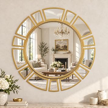 Large Round Sunburst Wall Mirror, 24" Gold Circle Mirrors